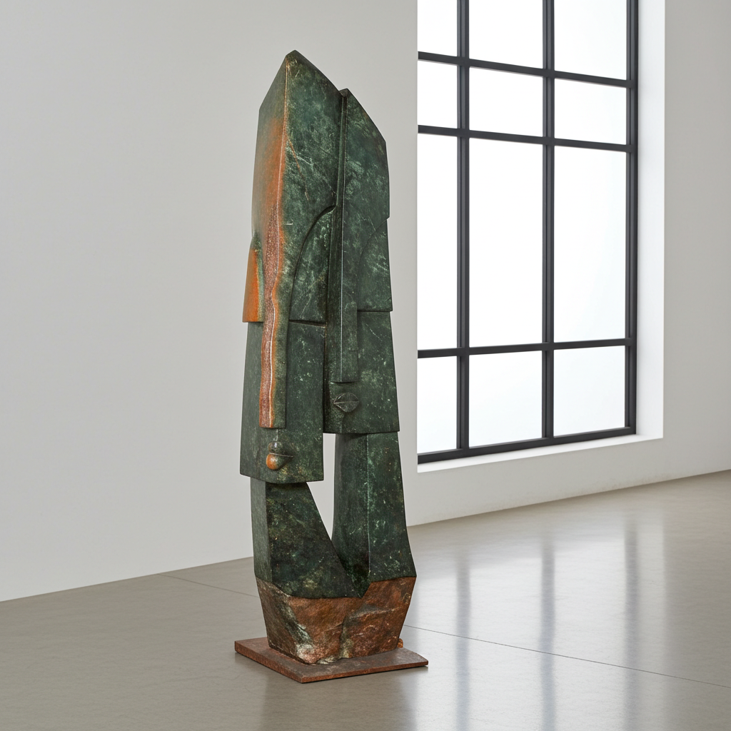 Tall abstract sculpture with green and brown tones in a room with a window.