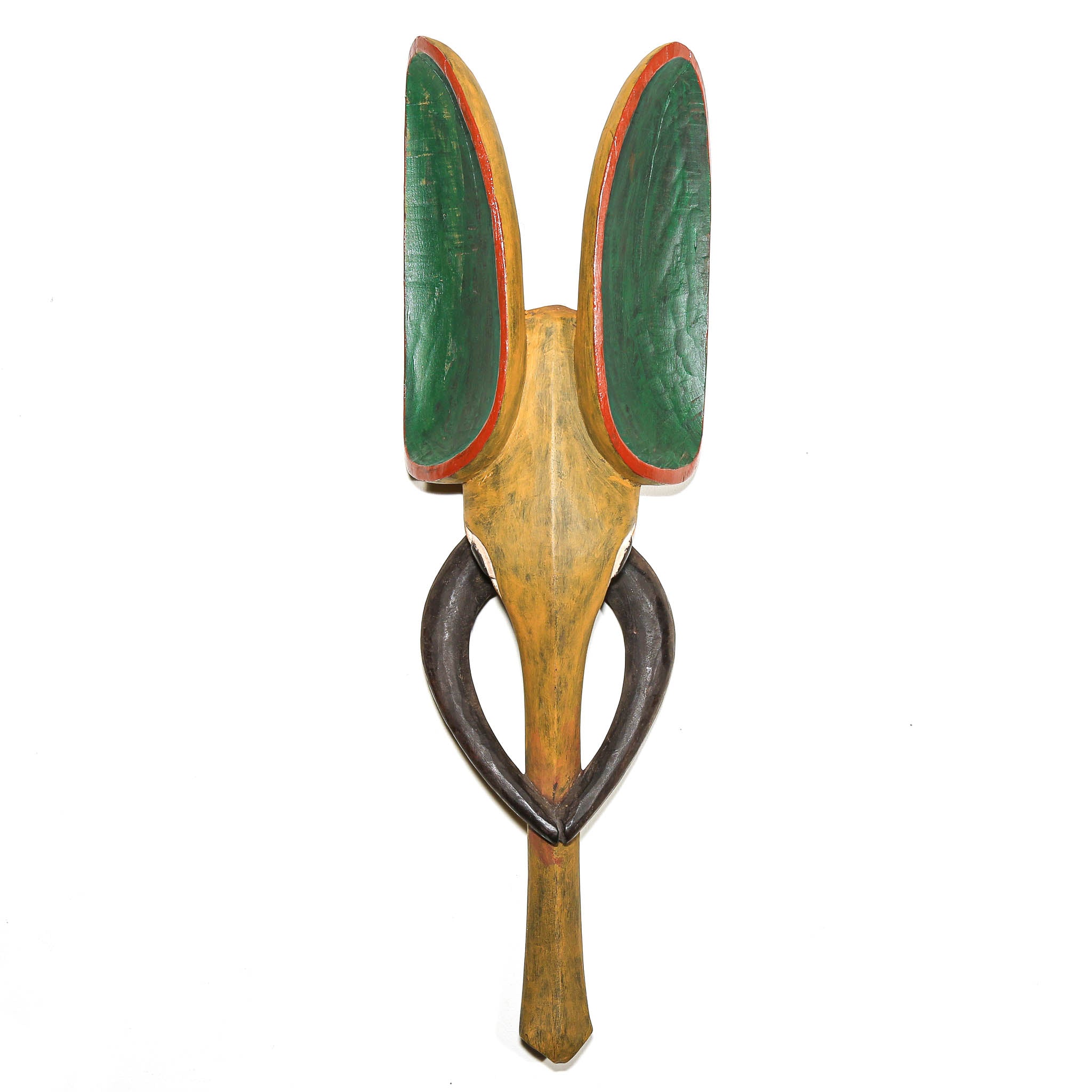 A hand-carved wooden elephant wall art piece featuring two upright green panels with red trim, a natural wood center, and a dark brown curved base, shown against a plain white background.