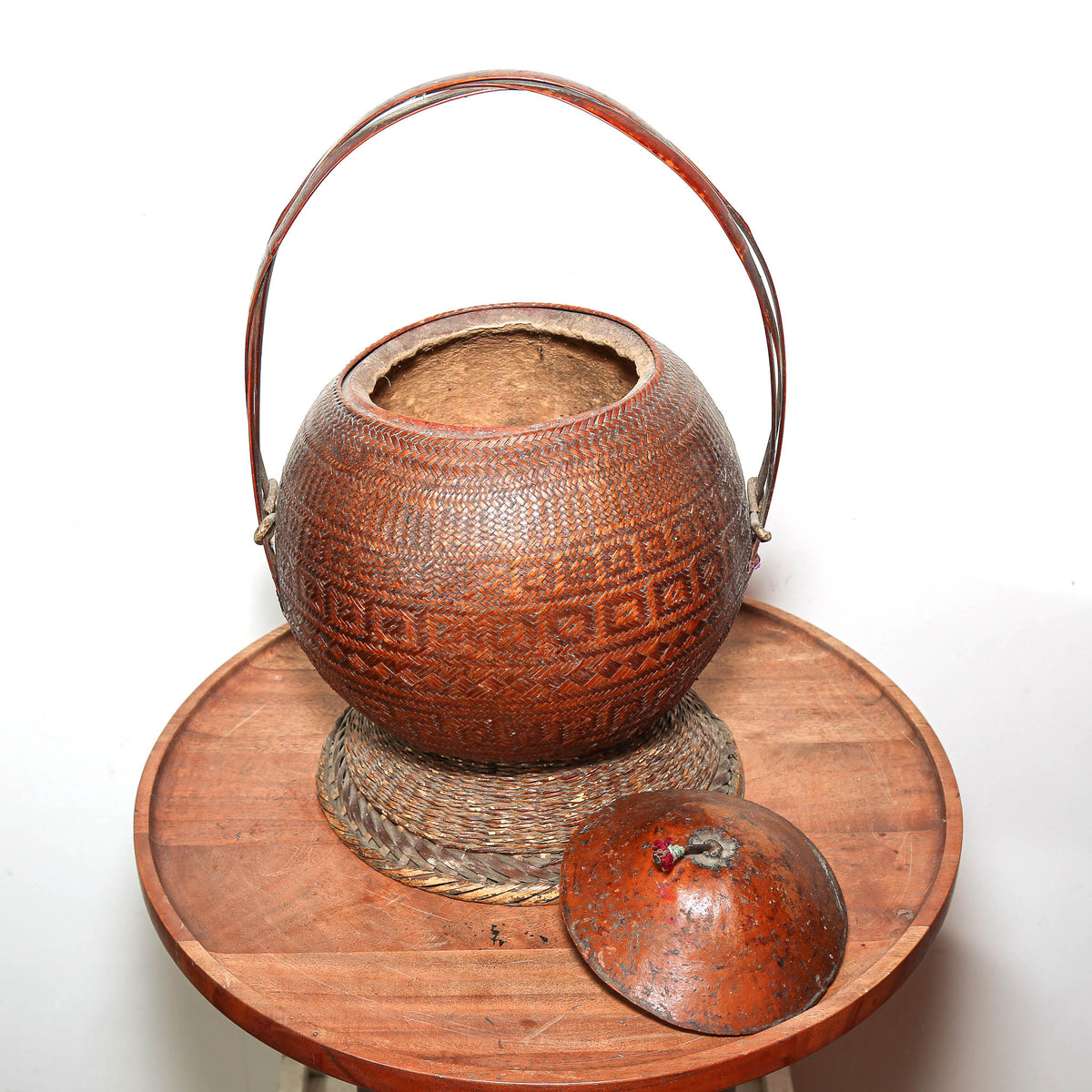 Handwoven African gourd basket with handle, fine traditional basketry from Southern Africa