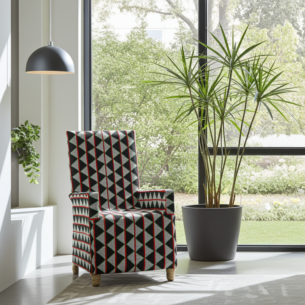 Patterned armchair in a room with large windows and a potted plant.