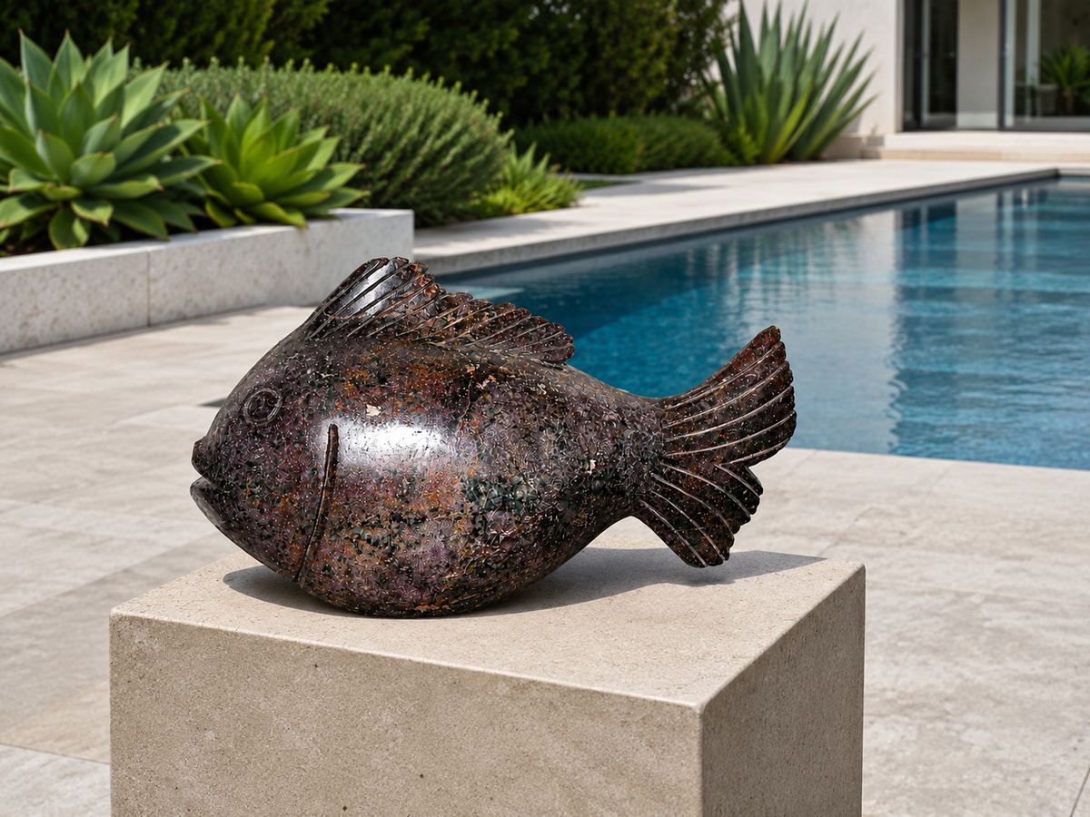 purple stone fish sculpture on a pedestal outside by a swimming pool