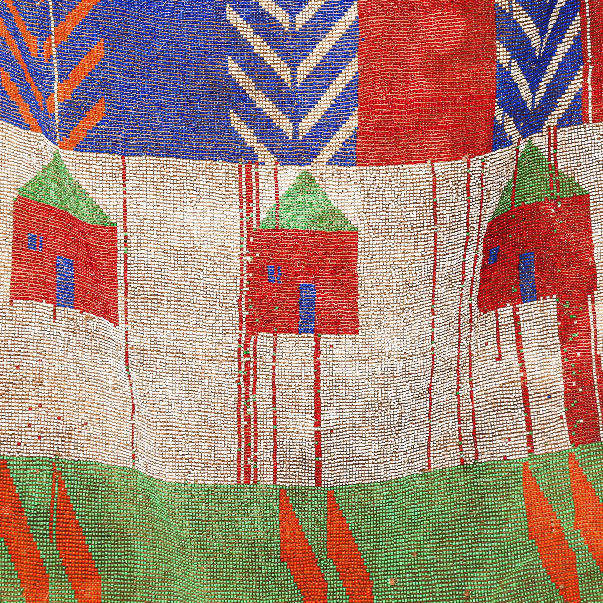 beaded Textile with geometric patterns and red, blue, and green shapes