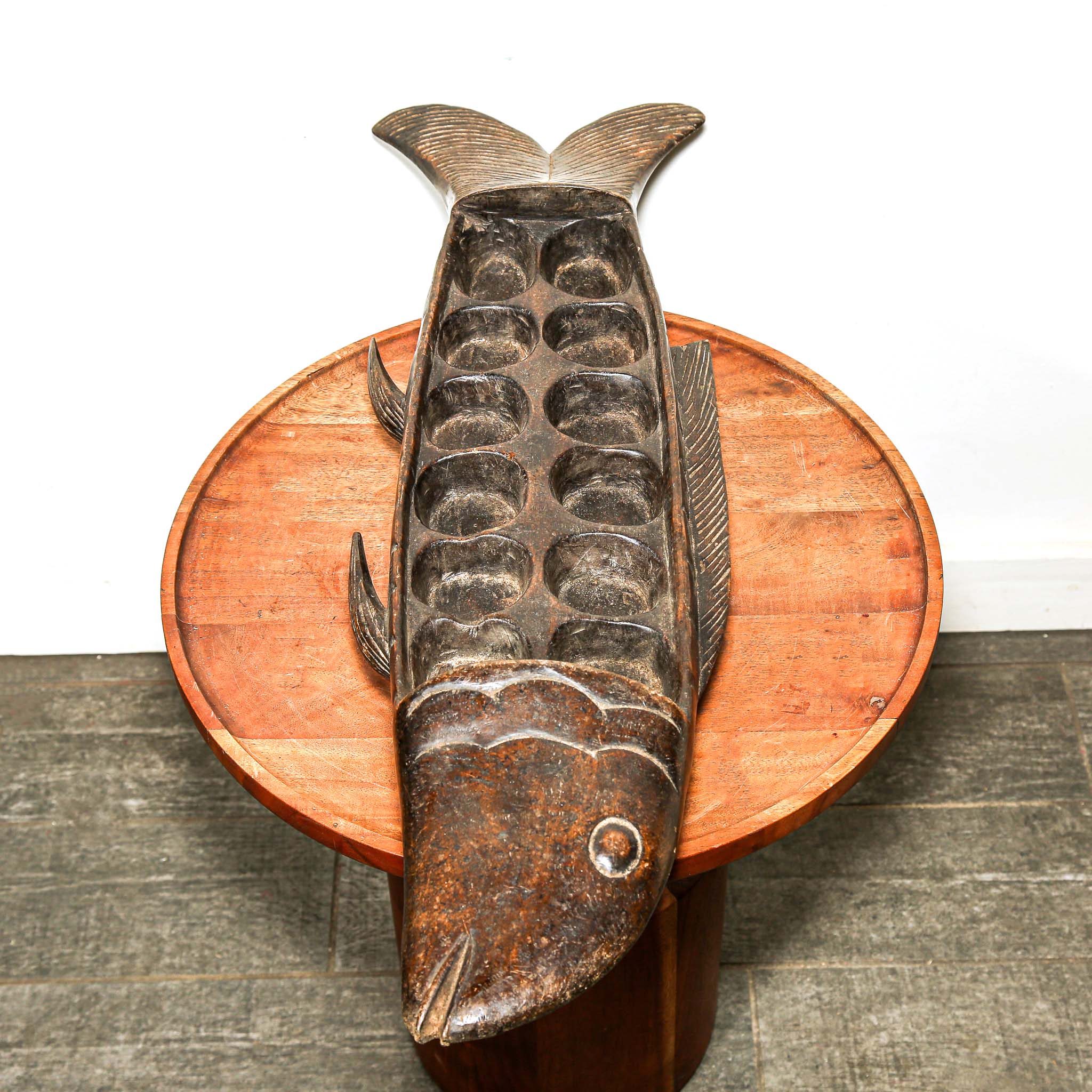 hand carved Wooden fish-shaped mancala game for table decor