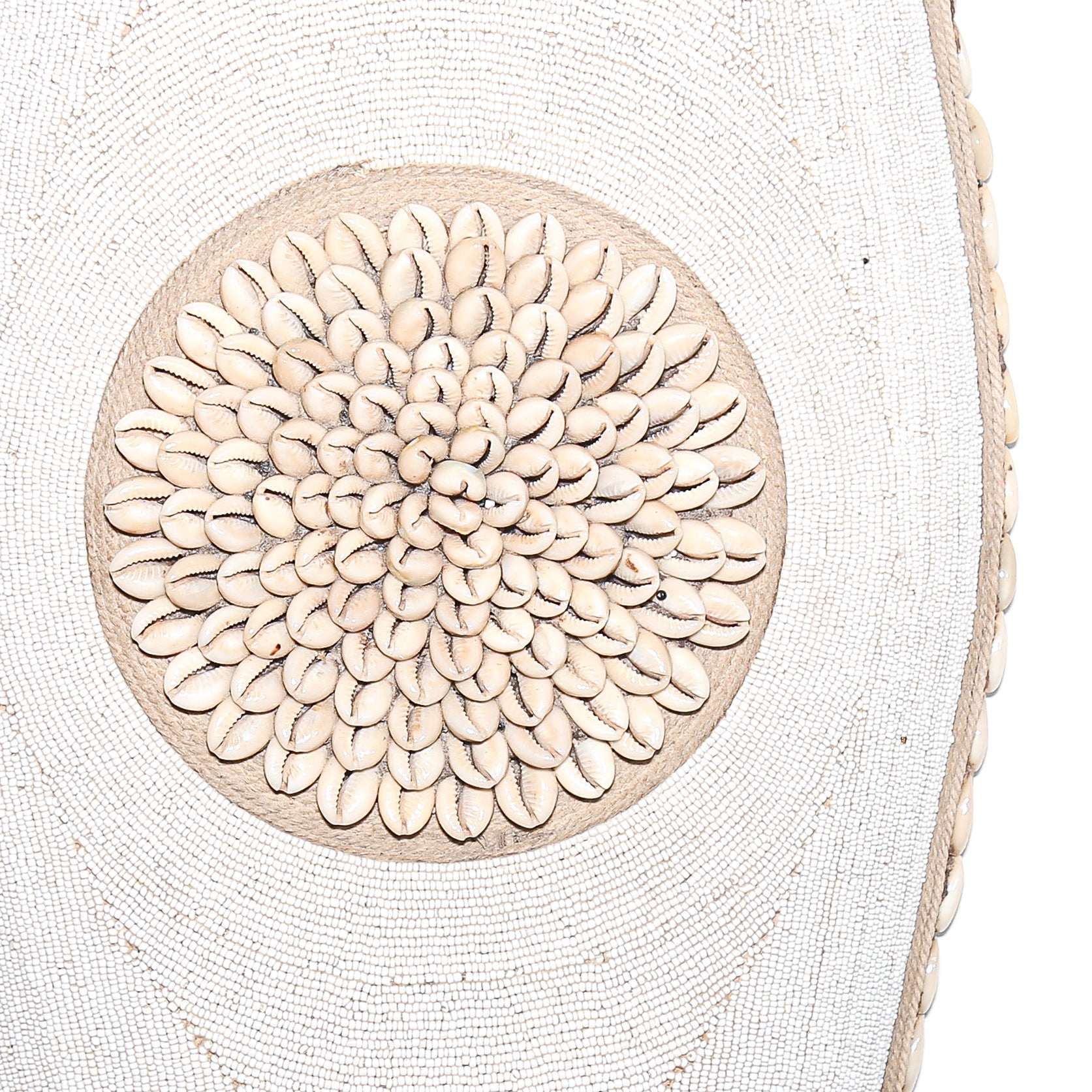 long white shield with white beads and cowrie shells from Cameroon. African Wall art for sale at Hemingway Gallery