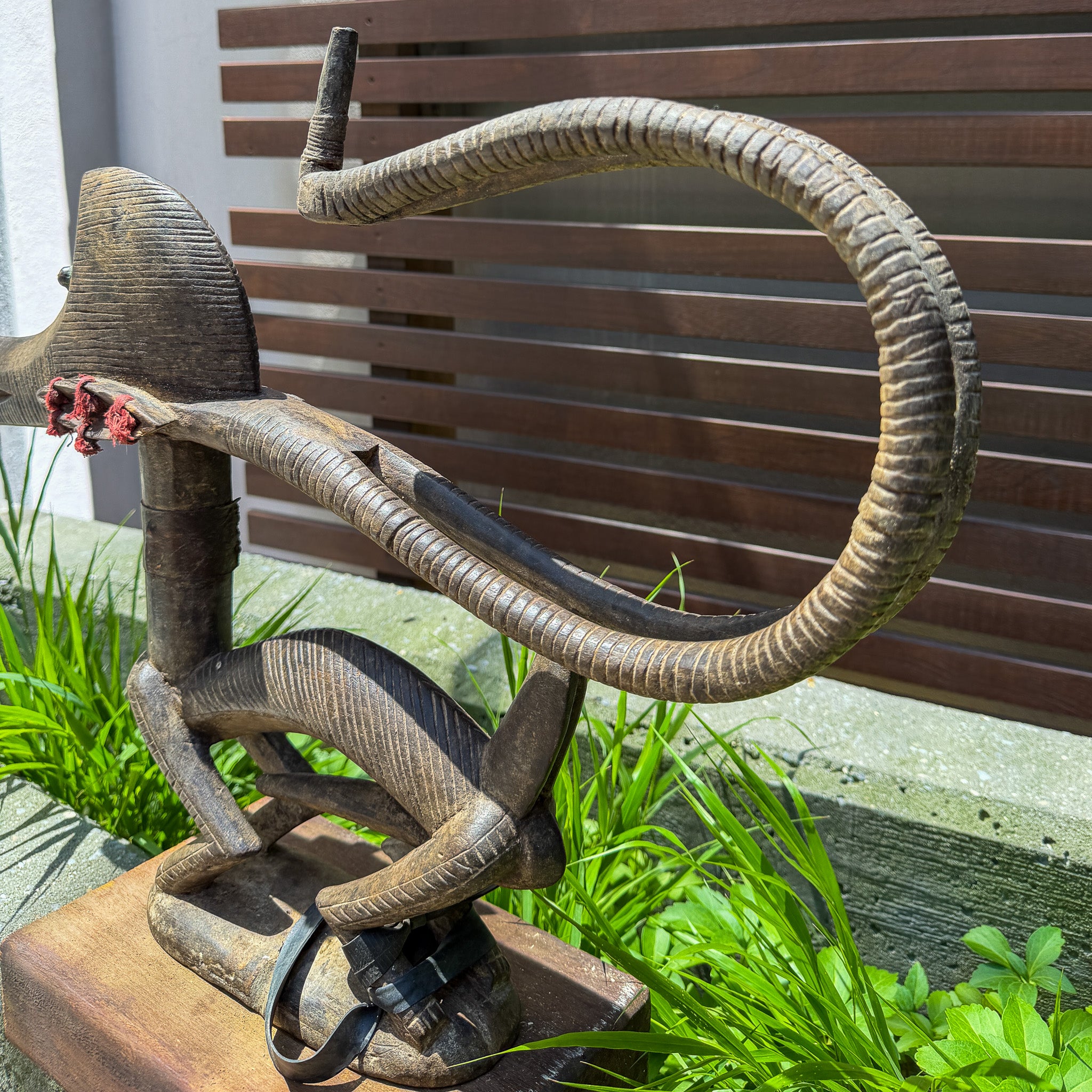 Chiwara headdress muzzle detail with red cloth ties