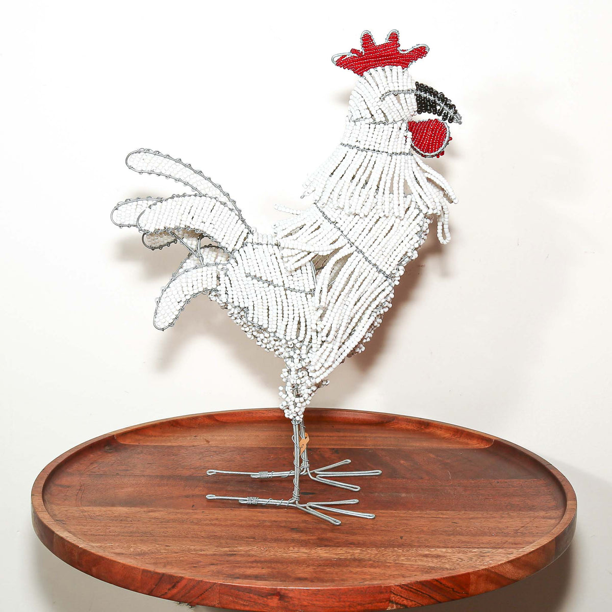 Handcrafted South African wire rooster with bright beadwork and an expressive farm bird design for collectible home decor
