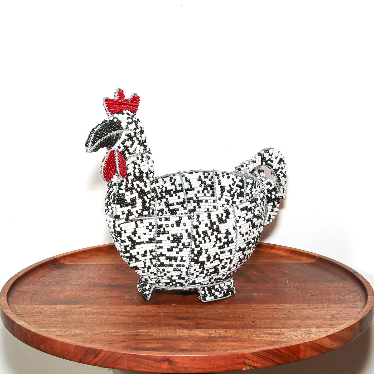 South African chicken-shaped bowl crafted by hand from beads and wire with decorative artisan detailing