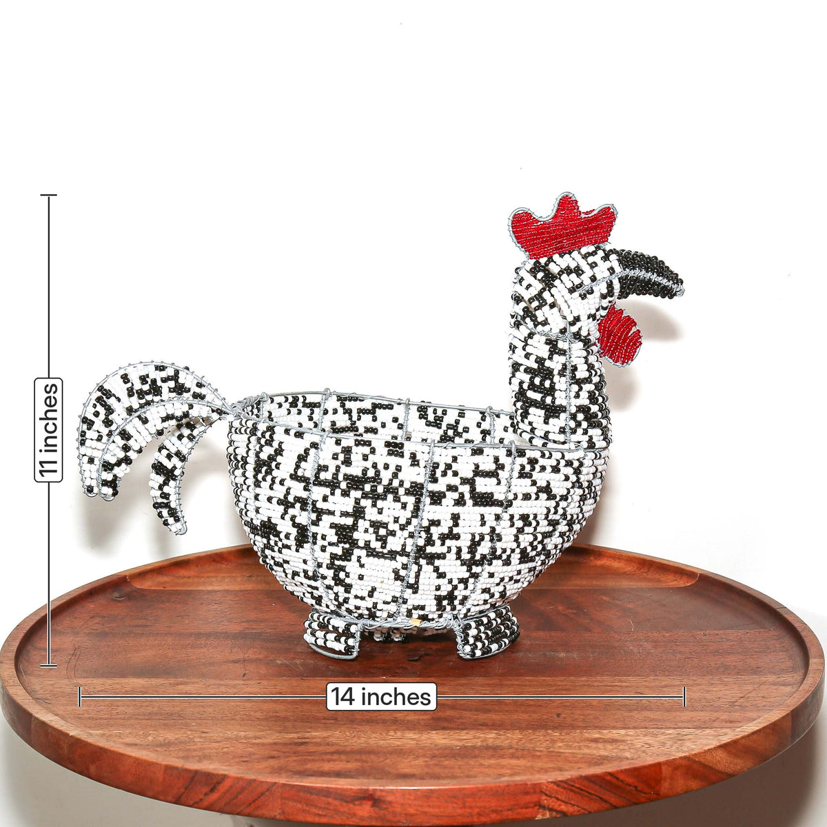 Colorful beaded hen bowl featuring sculptural wire construction and handmade craftsmanship from South Africa