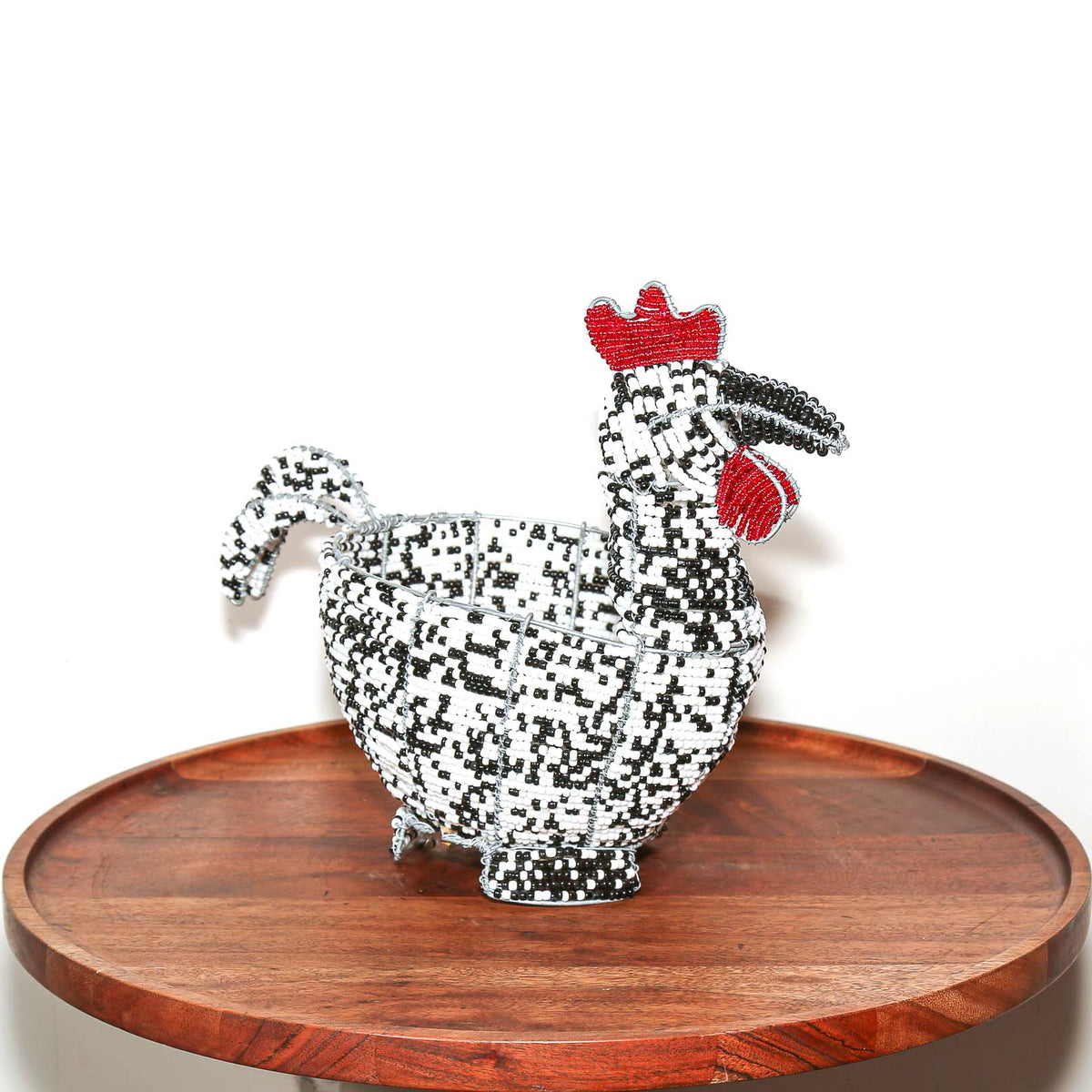 Handcrafted South African beaded chicken sculpture with an integrated bowl form and vibrant decorative texture