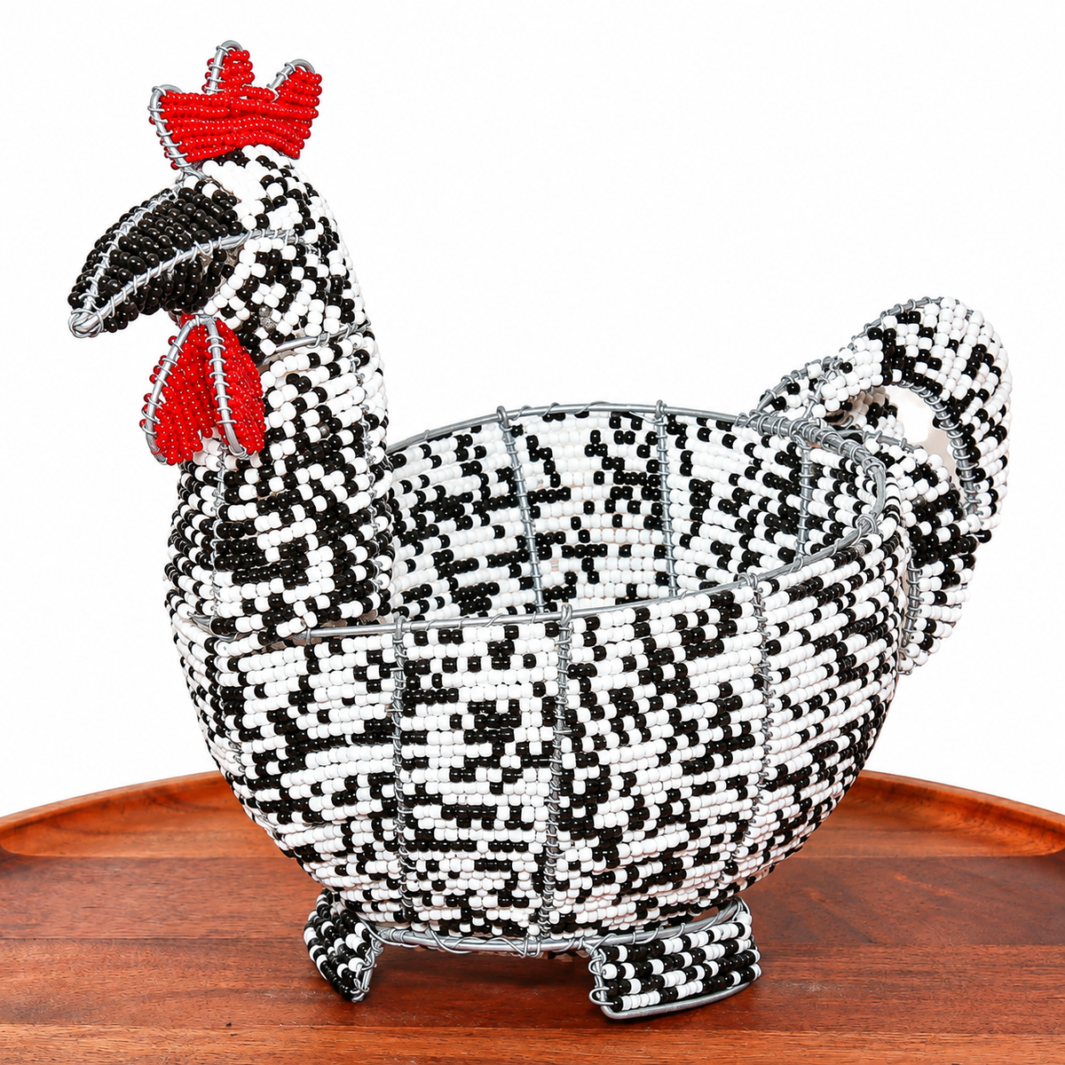 Handmade beaded chicken bowl from South Africa with colorful wirework and a playful sculptural bird design