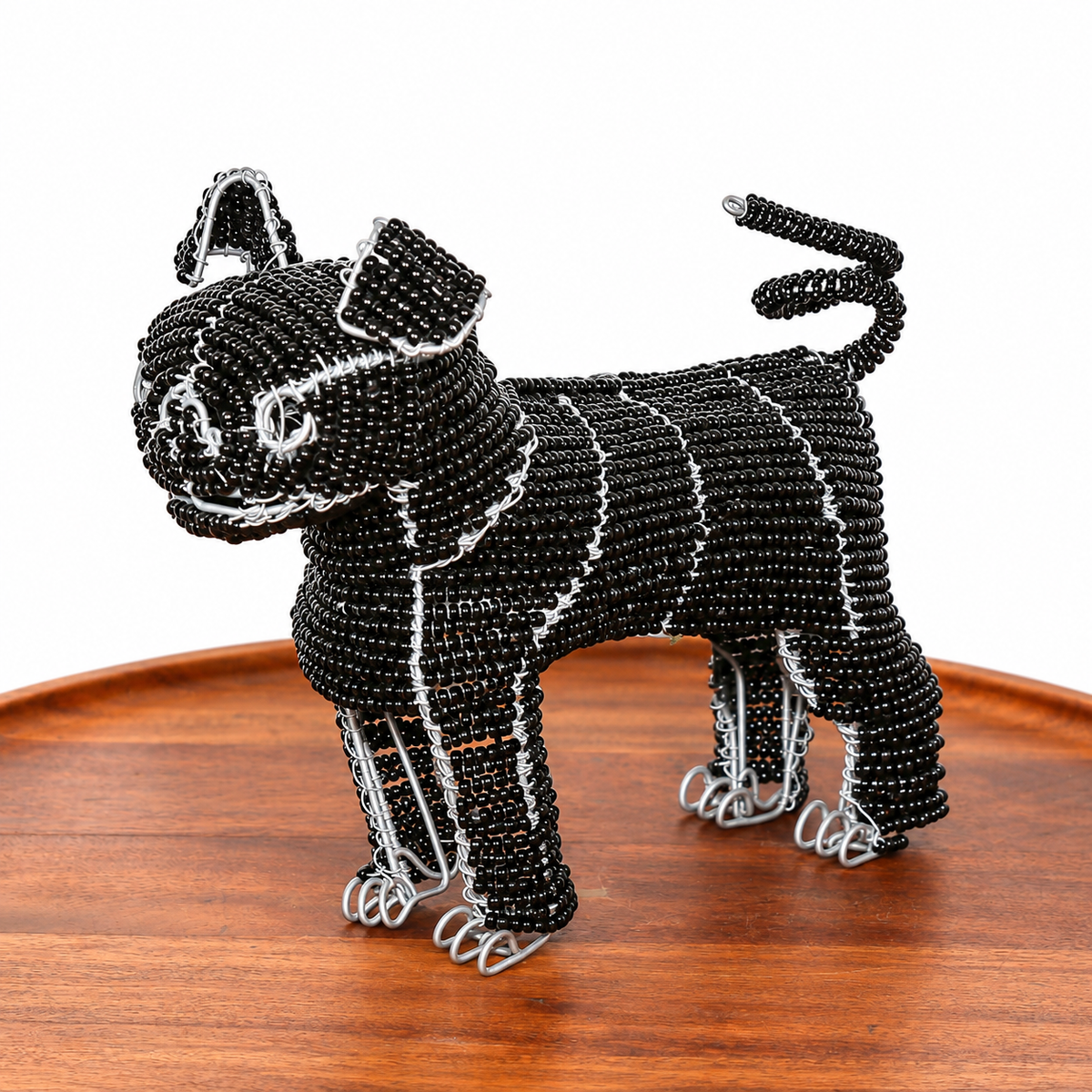 Black beaded pug dog sculpture handmade in South Africa with shaped wirework and a charming decorative animal form