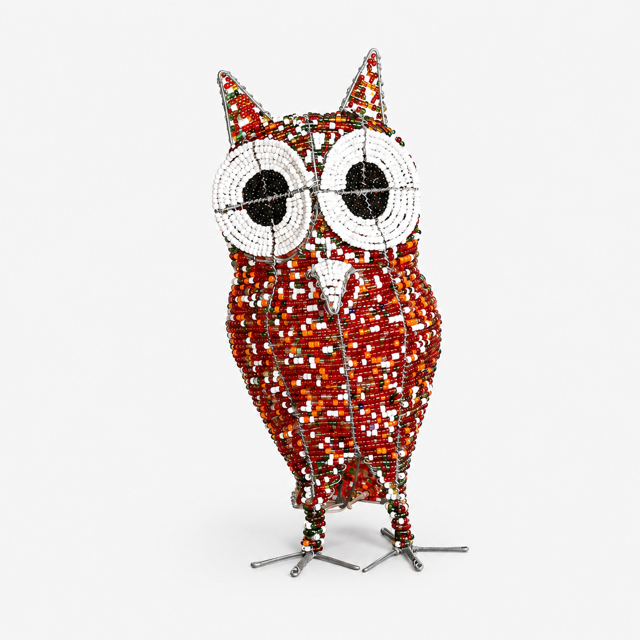 red owl sculpture made from beads