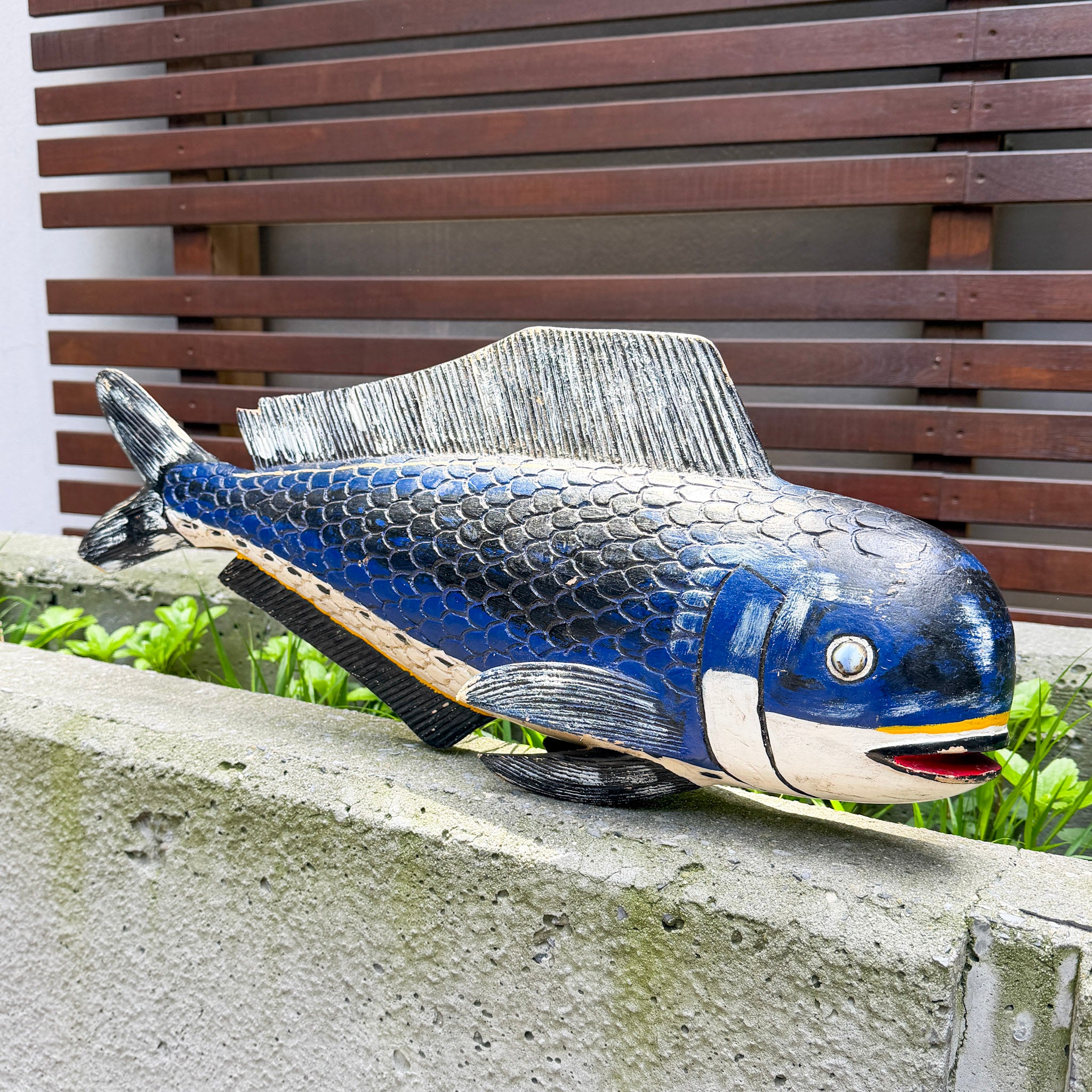 Blue fish sculpture made from painted solid carved wood. African design and art for sale in New York City free shipping