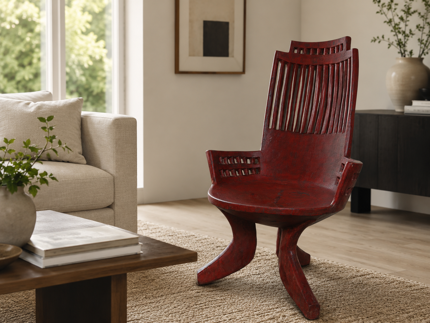 Red African chair in a modern living room interior