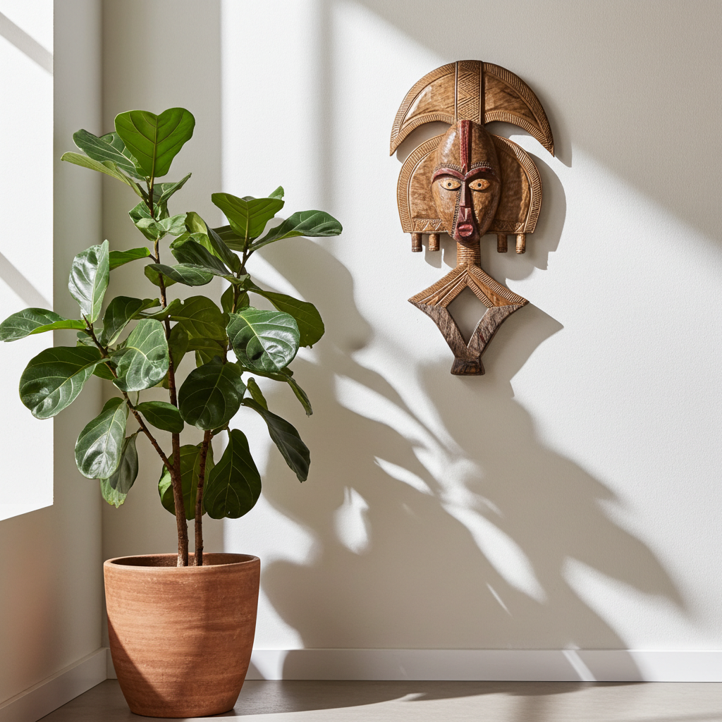 Potted plant next to a wall-mounted wooden mask in a room with sunlight casting shadows.