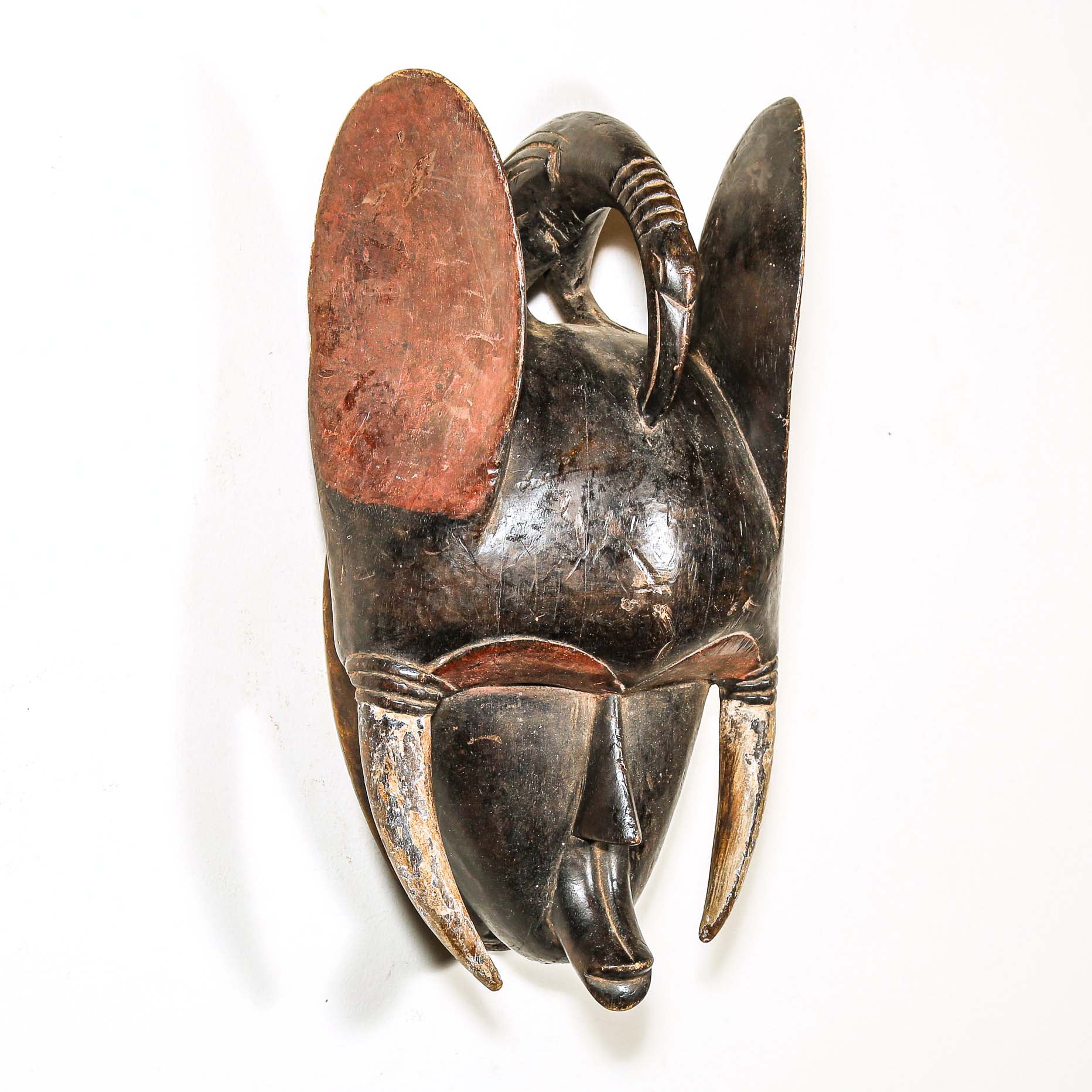 Wooden black art mask with elephant ears and tusks on a white background from Africa