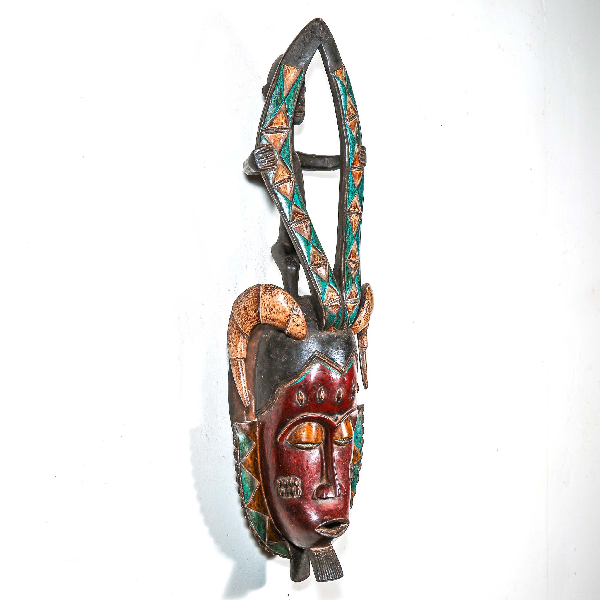 Decorative hand made wooden mask by an African artist with intricate designs on a white background