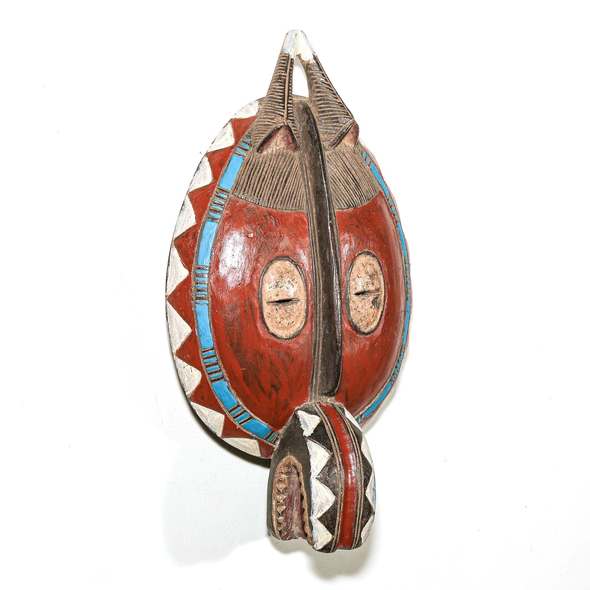 Traditional mask with red, blue, and silver colors on a white background. Colorful African art for sale