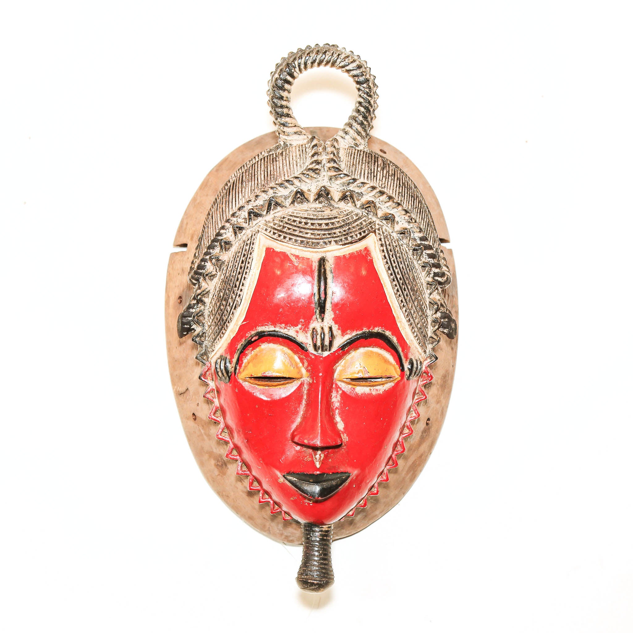 Red wooden Baule mask with rounded carved face