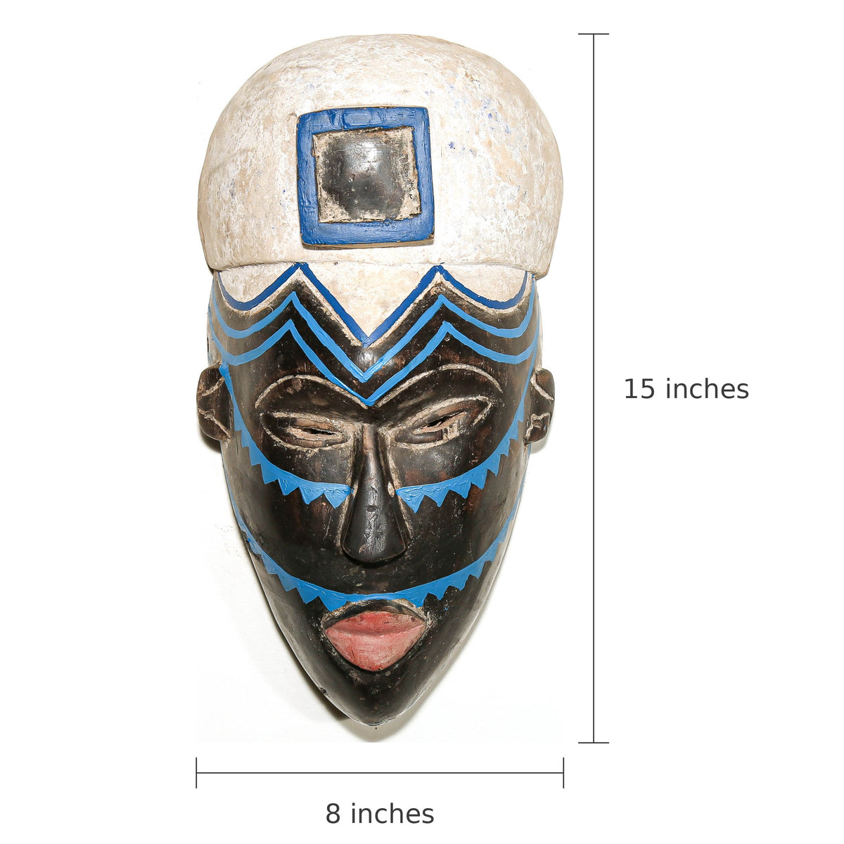 A decorative carved mask with a black face, blue geometric patterns, and a beige hat, shown on a white background with dimension markers indicating 15 inches tall and 8 inches wide.