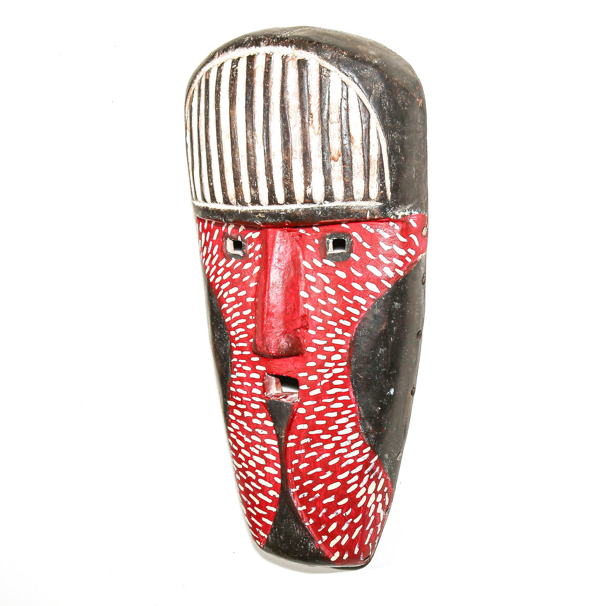 Hand-carved red mask inspired by Fang artistic traditions with a long face and expressive carved details