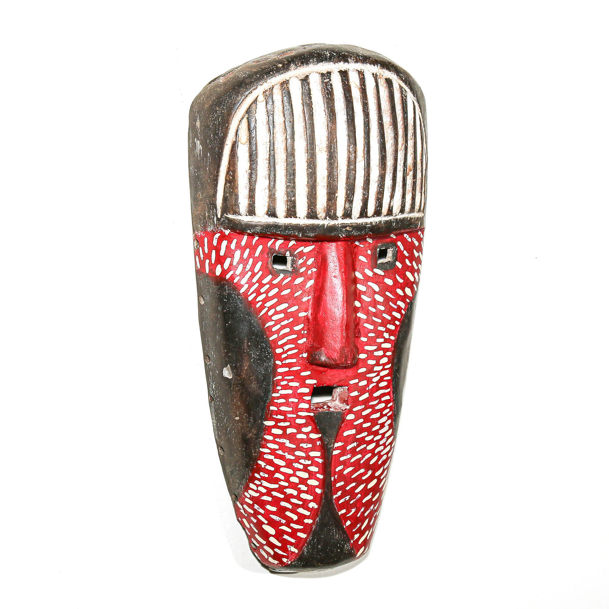 Red African Fang-style face mask featuring smooth contours, strong proportions, and a striking painted finish