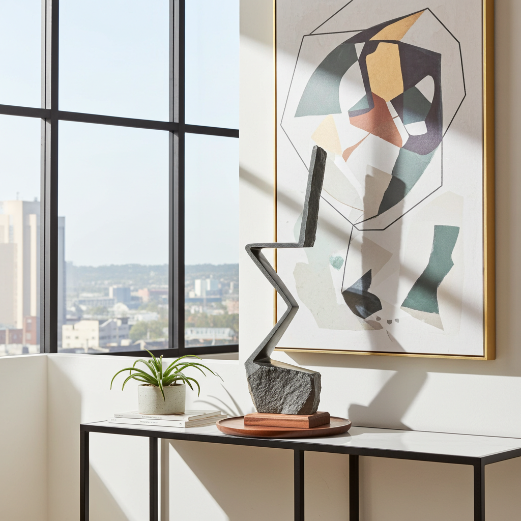Modern interior with abstract art, table, and plant by a window