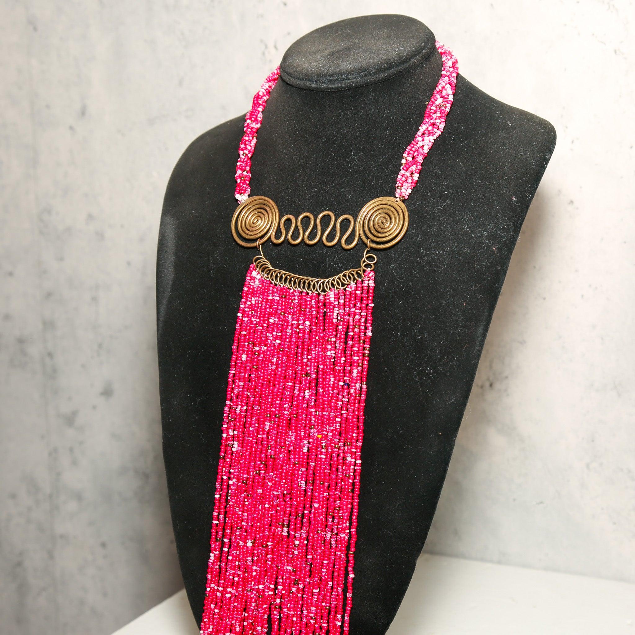 Red Zulu Beaded Necklace, South Africa on a stand