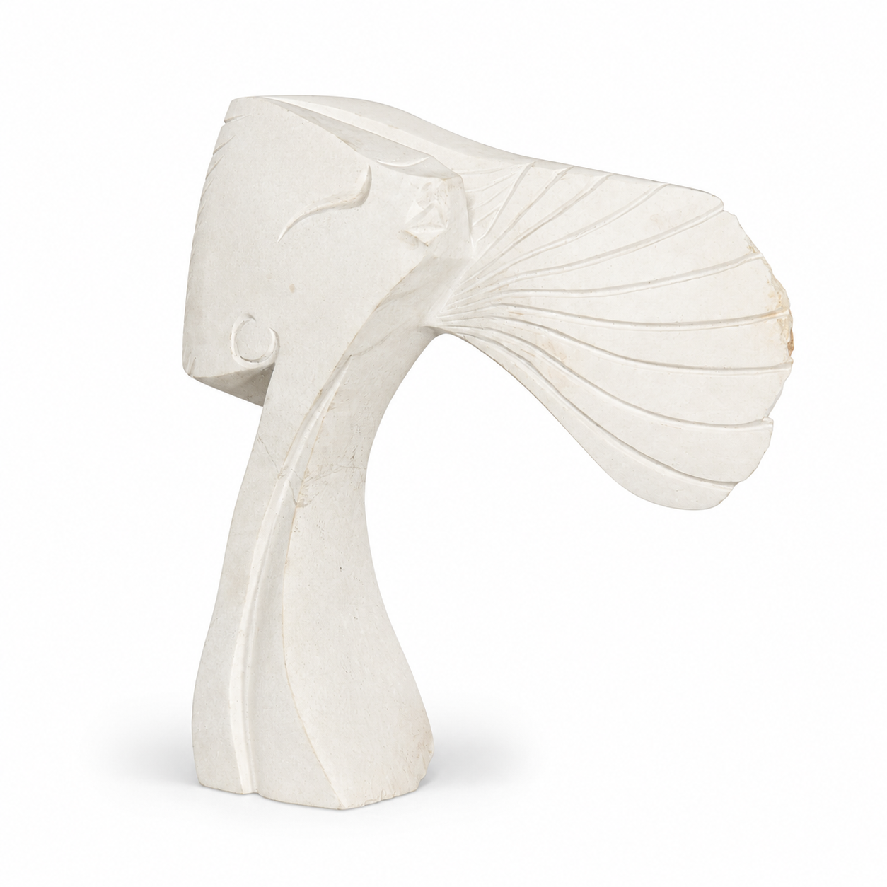 White stone abstract sculpture of a woman's face with hair blowing in the wind on a white background