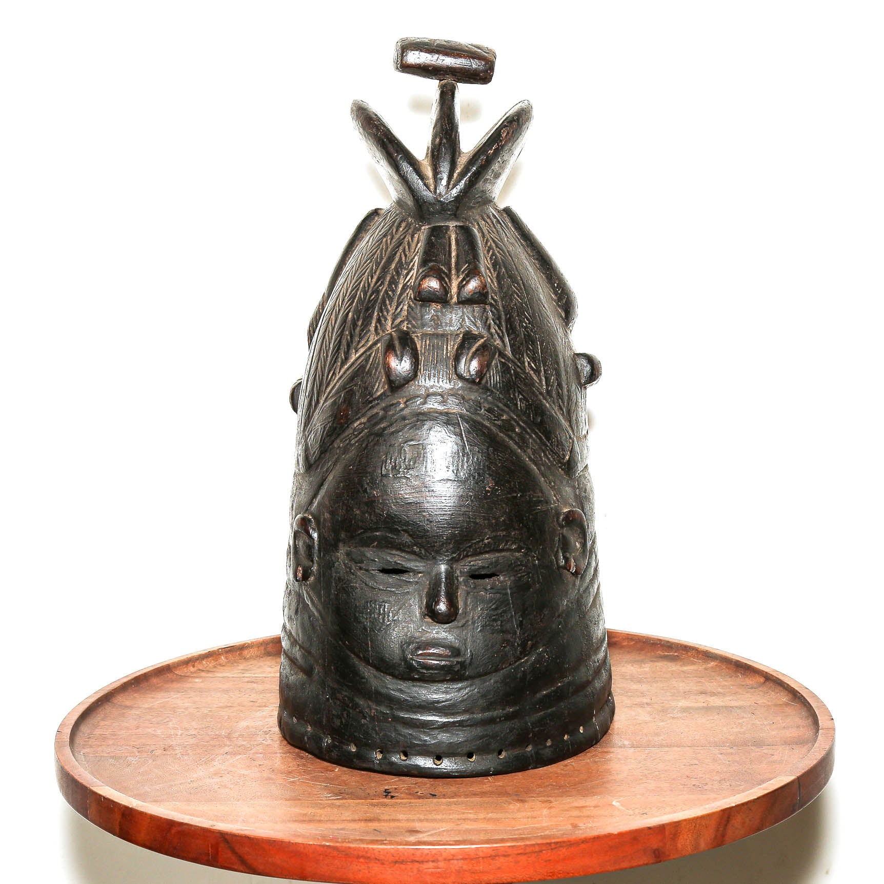 Traditional Mende helmet mask used as sculptural African wall and table decor