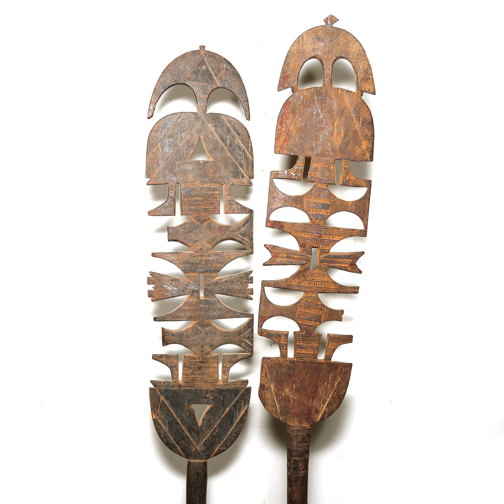 Hand-carved Tuareg ehel tent posts with geometric decoration from Mali