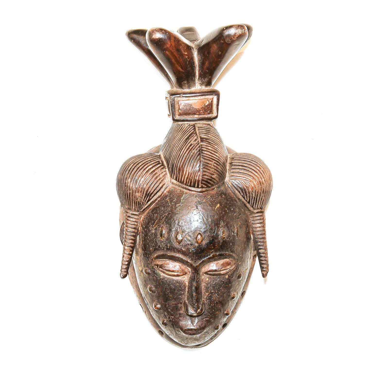 Wood Baule mask from Ivory Coast with unique headdress