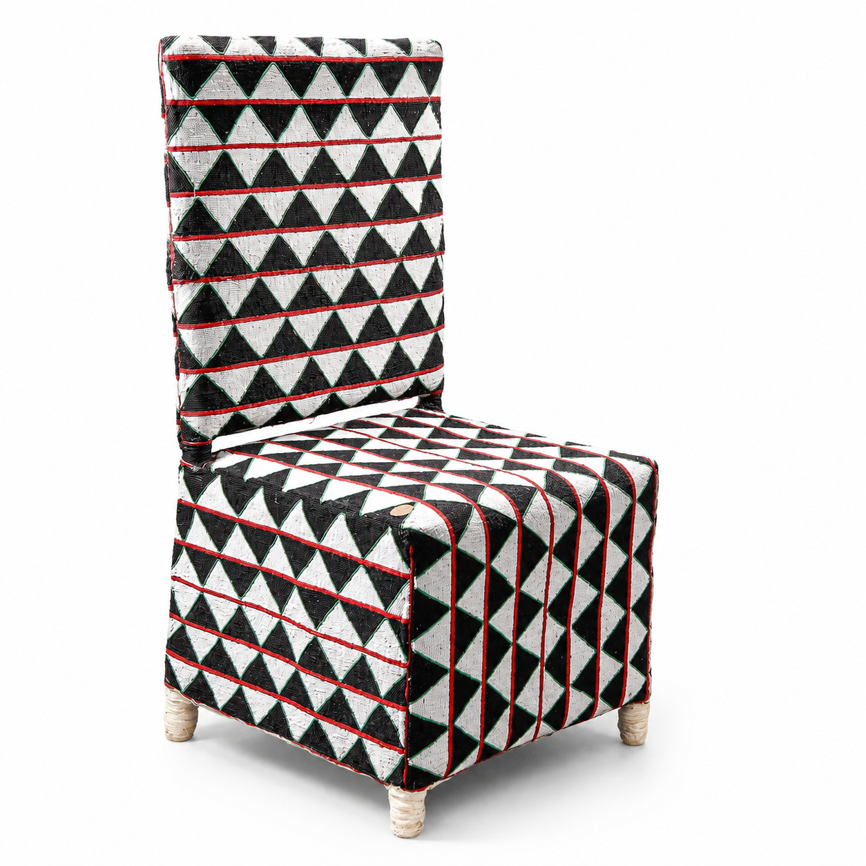 Chair with black, white, and red geometric pattern made from hand beaded glass beads on a white background in Africa