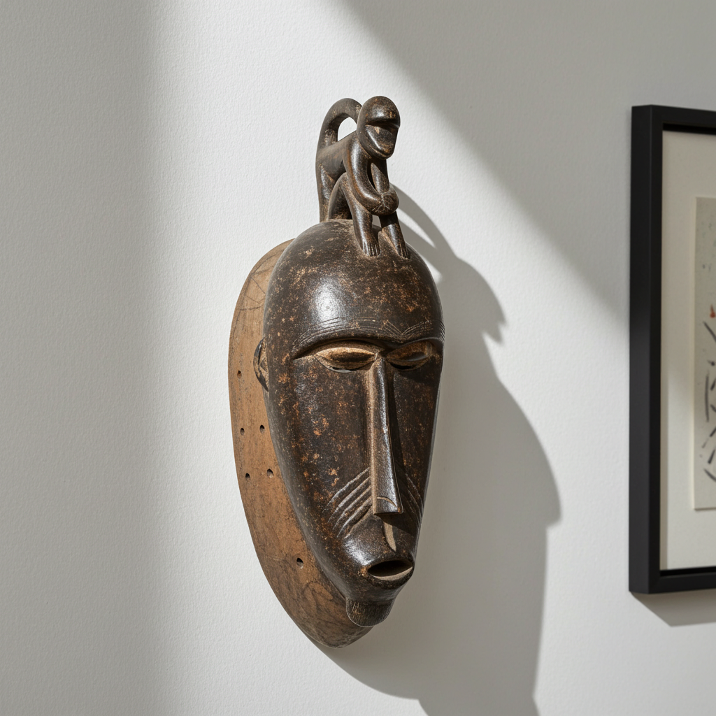 African mask with a monkey headdress on a white wall with a framed picture to the right.