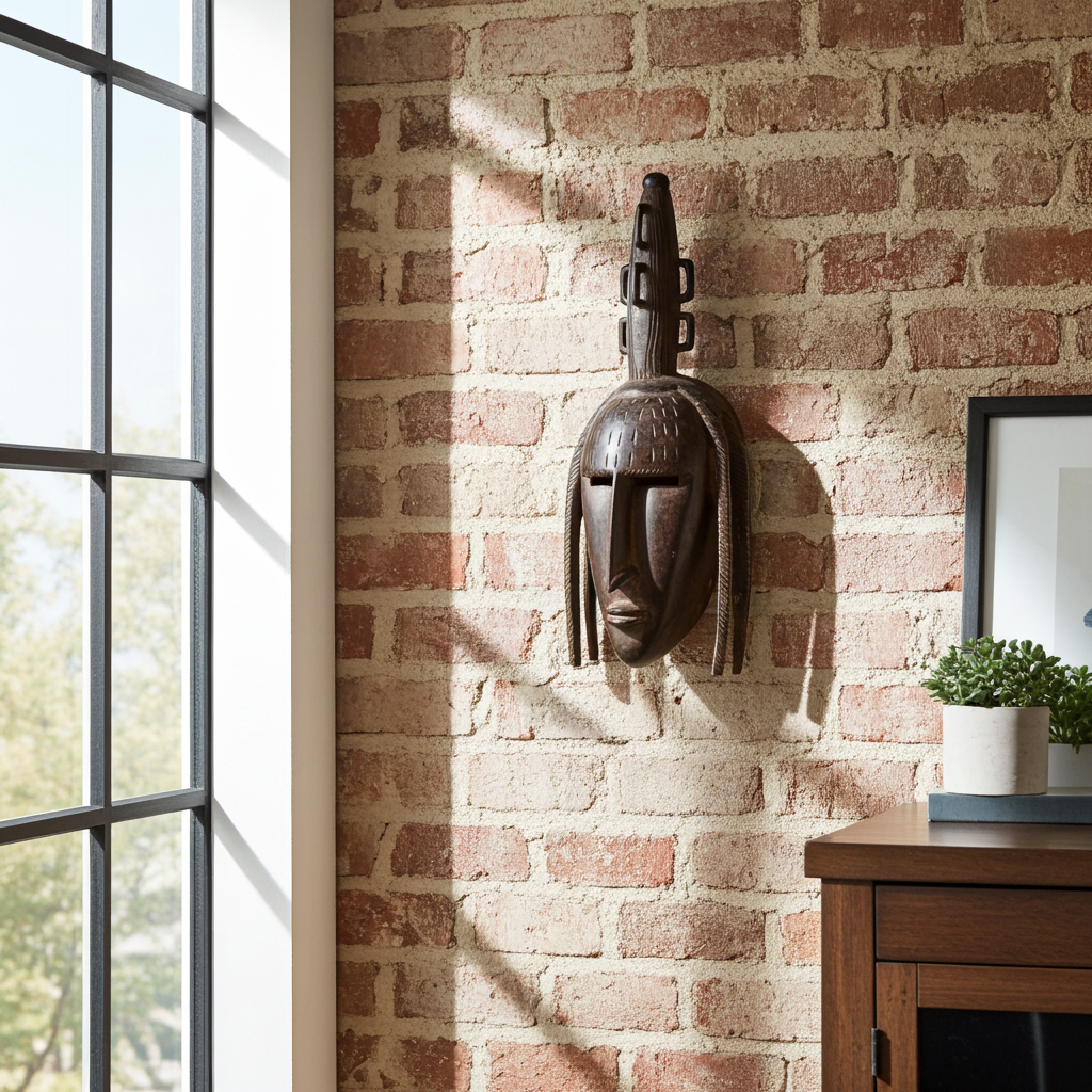 Decorative African wall mask on a brick wall with a window and plant in the background