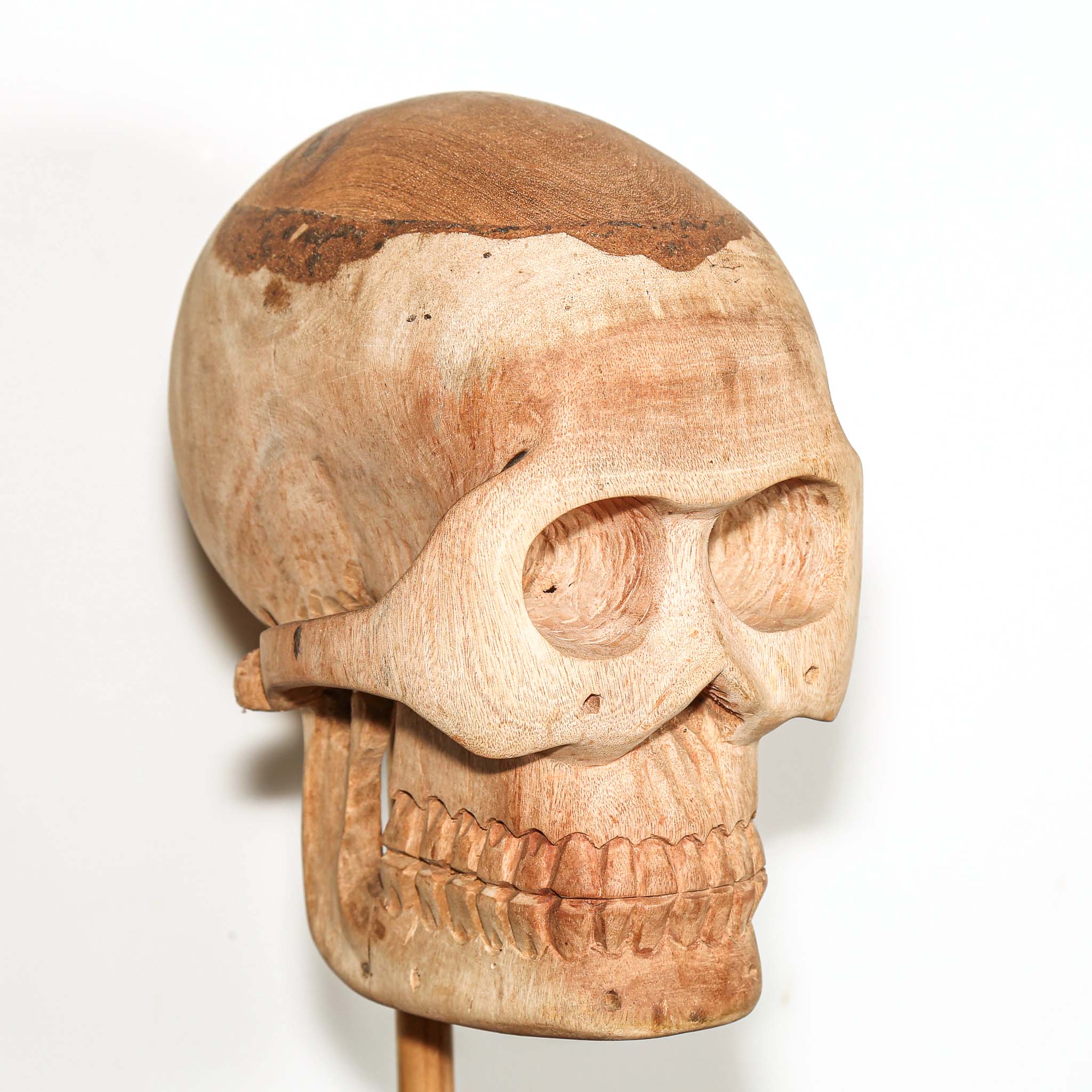 Hand Carved African Wooden human skull sculpture on a wooden base in a living room on a side table