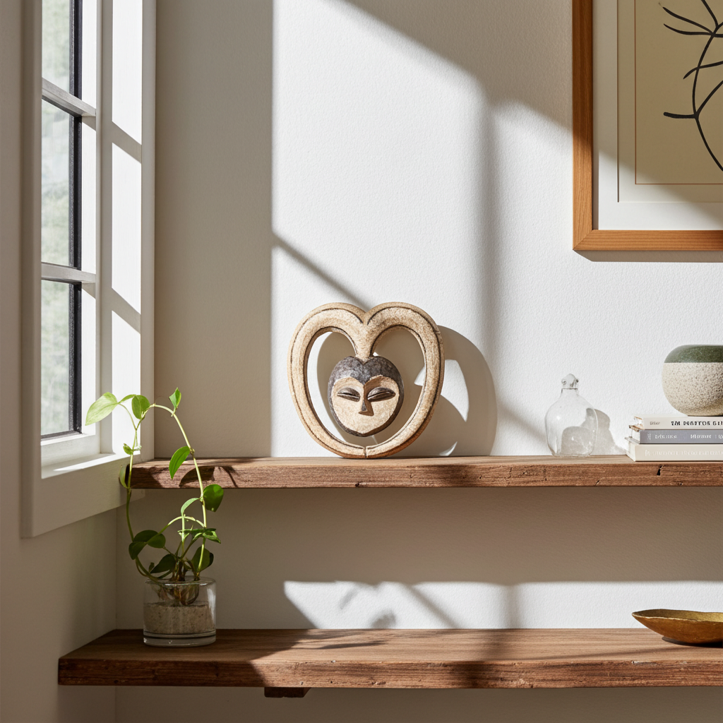 Wooden shelf with decorative items including a plant, African mask, and framed picture in a sunlit room.