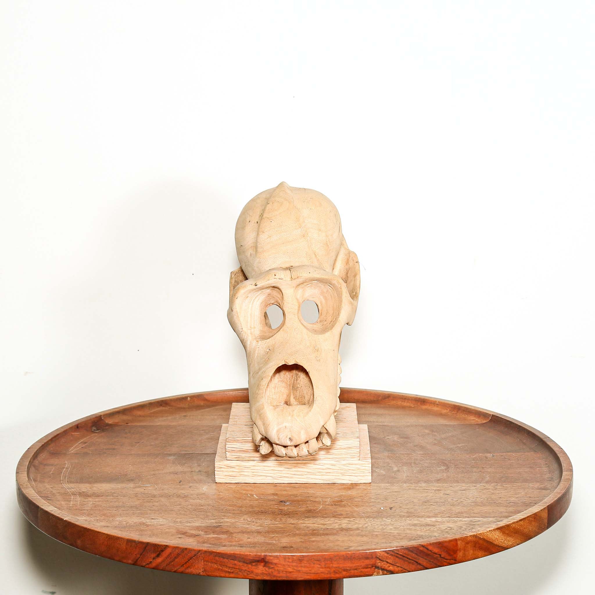 hand carved wooden skull of a primate with teeth sculpture on a pedestal for sale