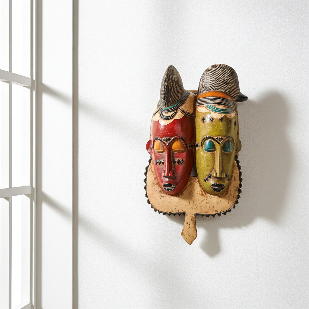 Decorative African wall mask with two faces on a white wall next to a window