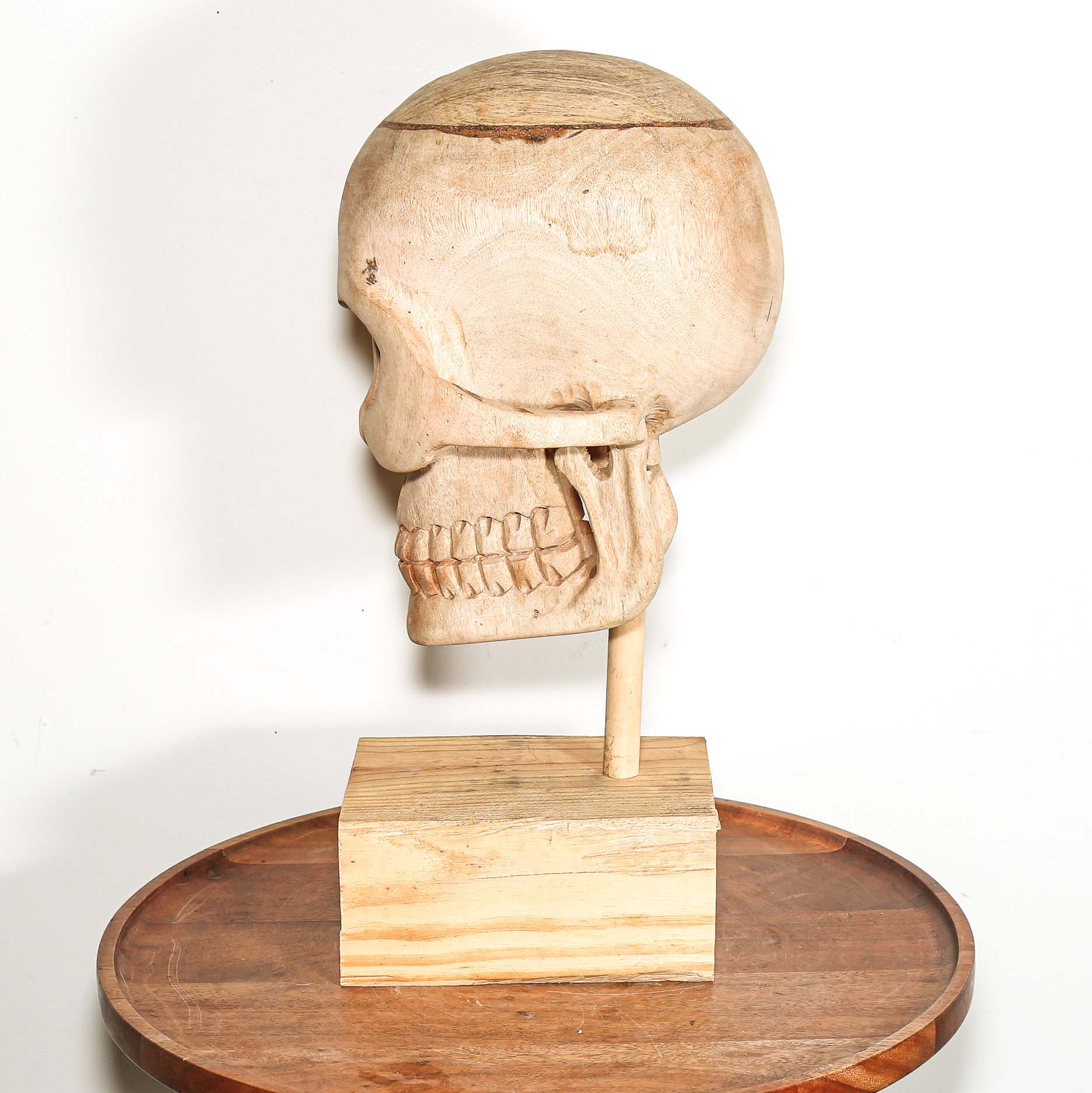 Wooden Skull sculpture on a stand with a white background made in Africa