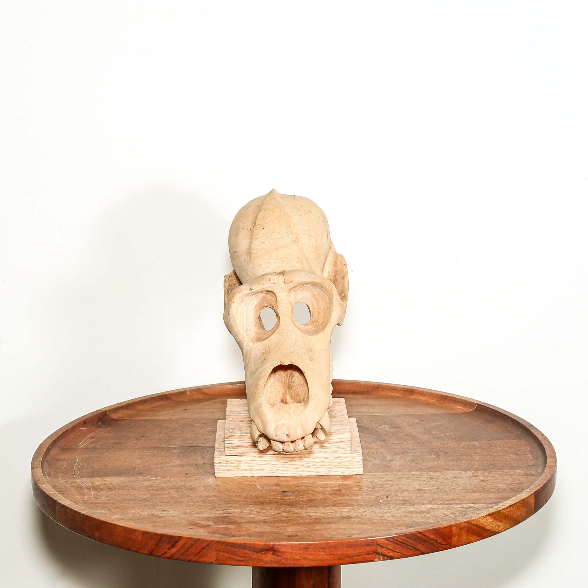 hand carved wooden skull of a primate with teeth sculpture on a pedestal for sale