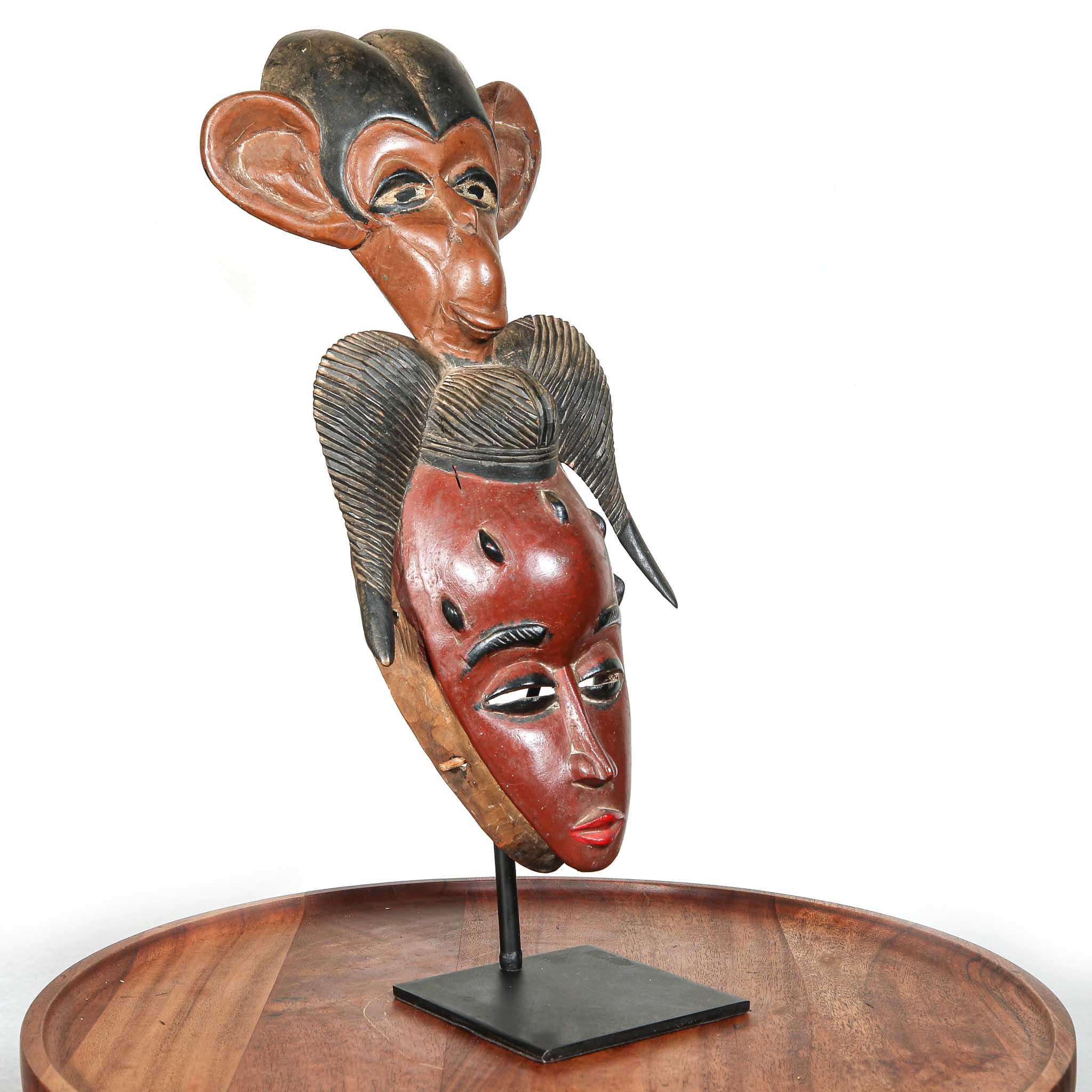 Guru Mask with Primate from Côte d'Ivoire showing left side on a table