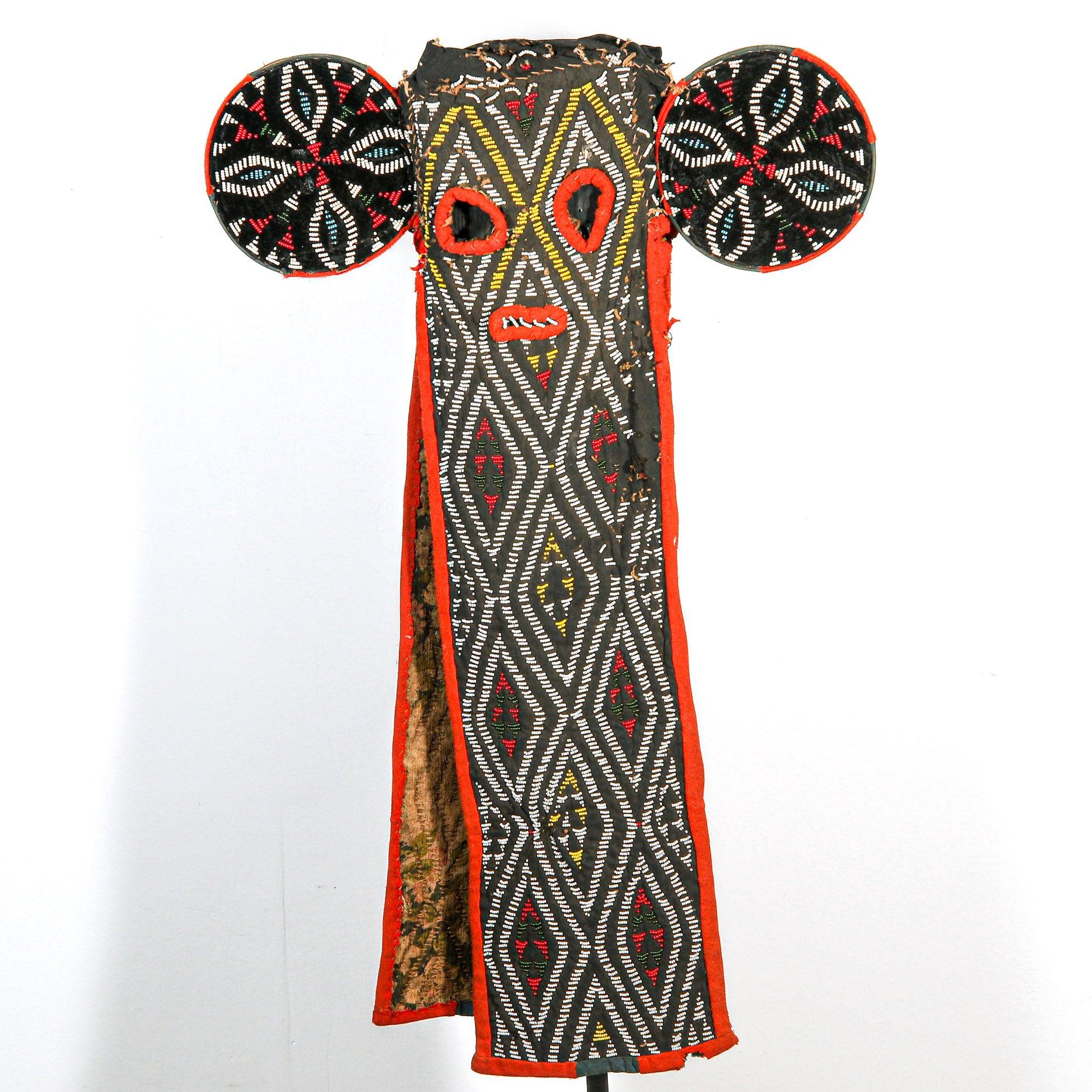 Bamileke Beaded Elephant Kuosi Mask from Cameroon on a stand showing front side