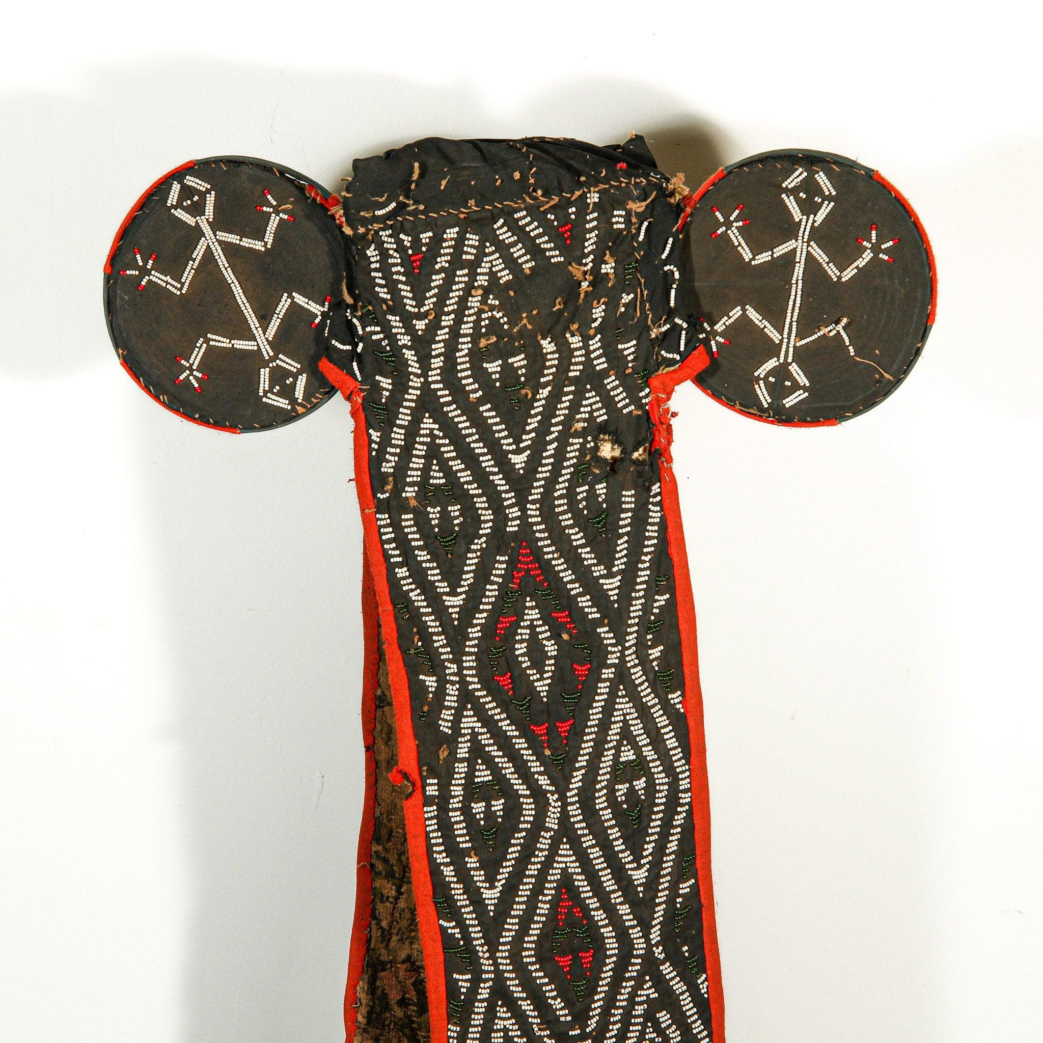 Bamileke Beaded Elephant Kuosi Mask from Cameroon on a stand showing back side