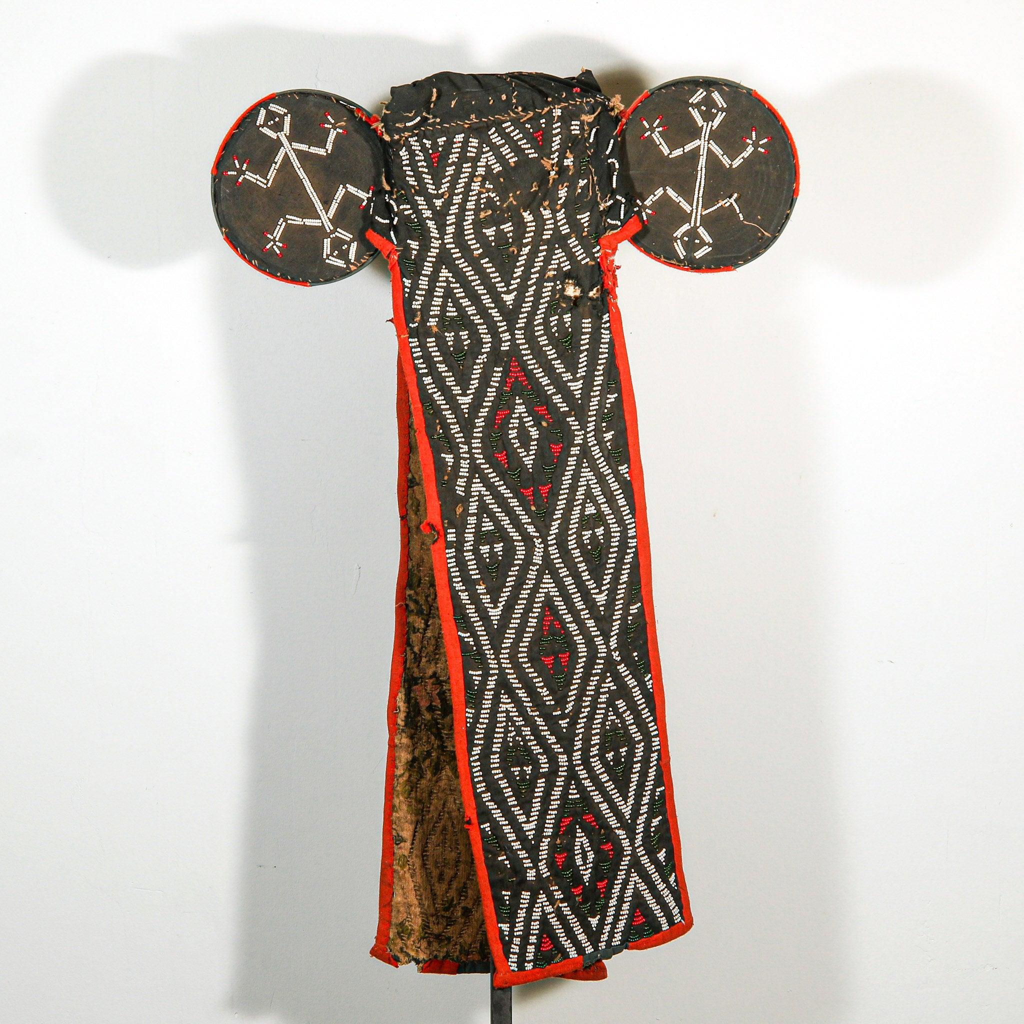 Bamileke Beaded Elephant Kuosi Mask from Cameroon on a stand showing entire back side
