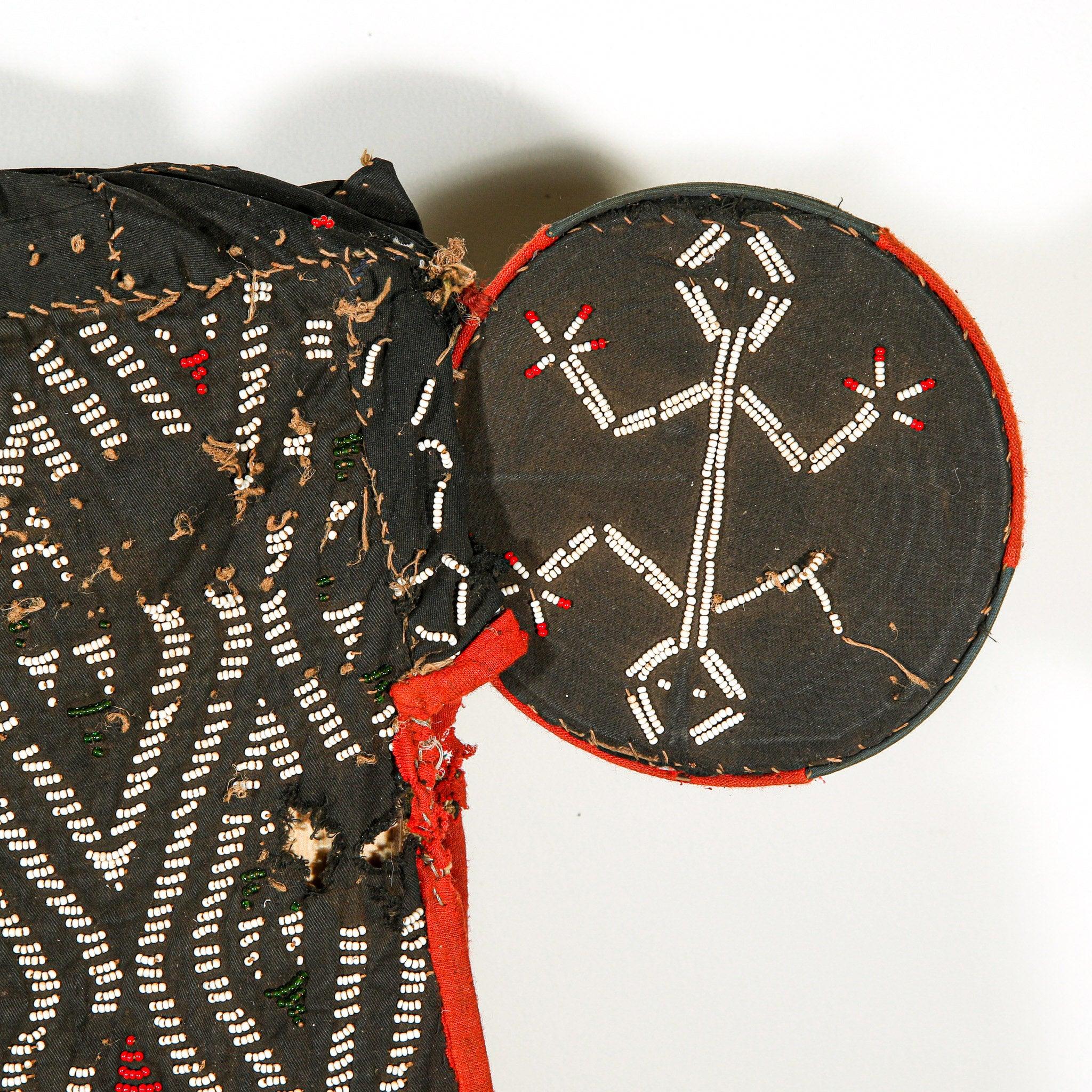 Bamileke Beaded Elephant Kuosi Mask from Cameroon on a stand showing decorated lizard
