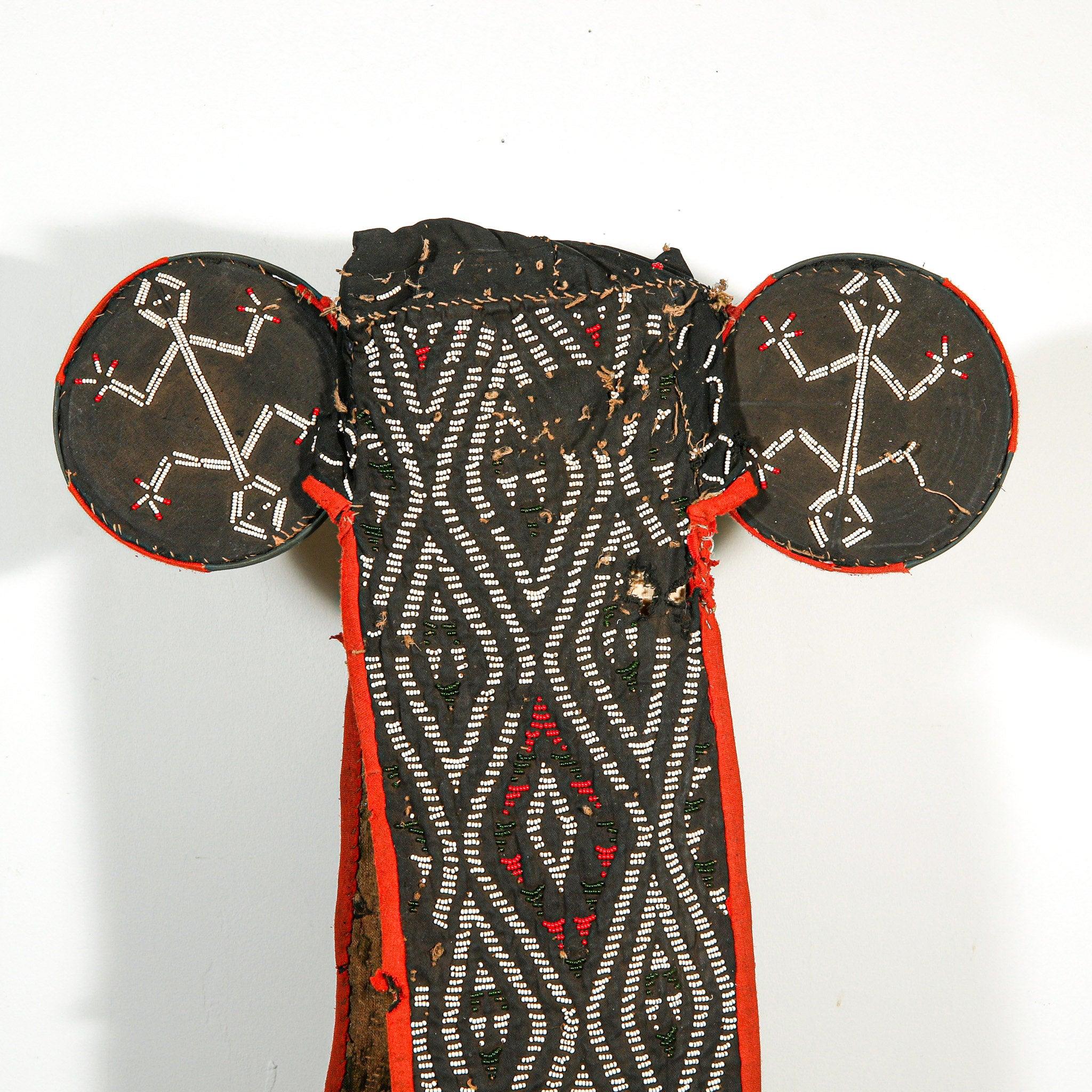 Bamileke Beaded Elephant Kuosi Mask from Cameroon on a stand showing back side lizards