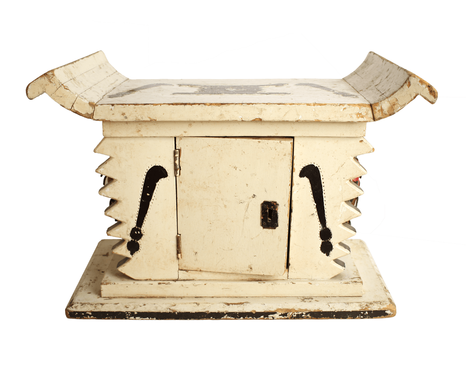 White wooden African stool furniture with cabinet and black distressed accents on a wooden living room floor