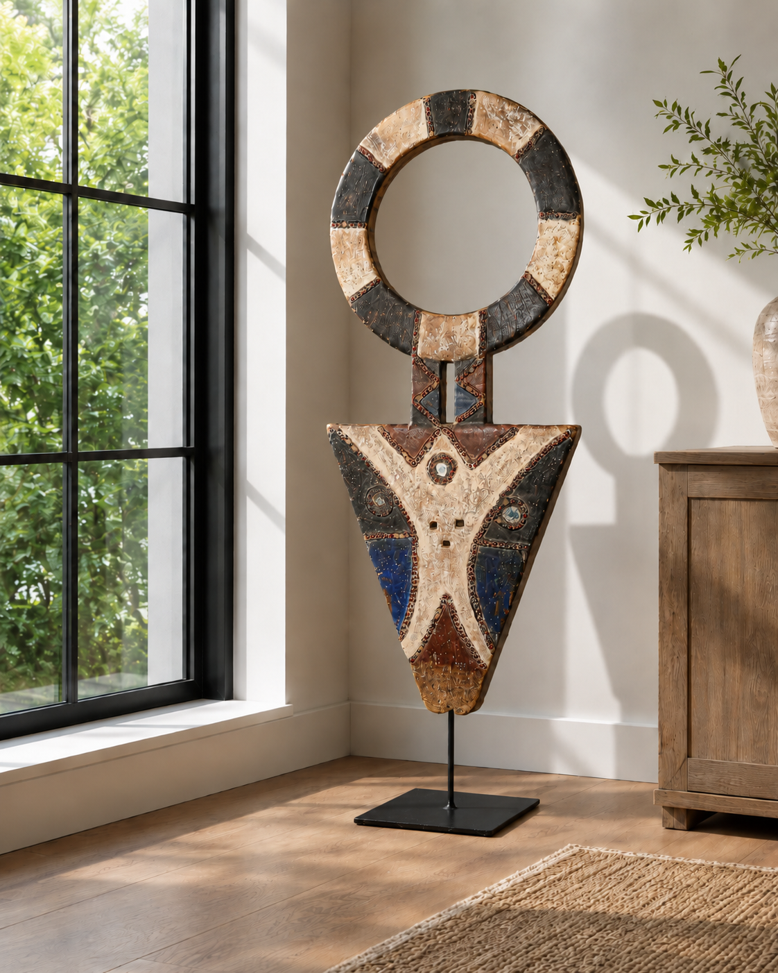 Decorative wall art piece in a room with a window and wooden furniture.