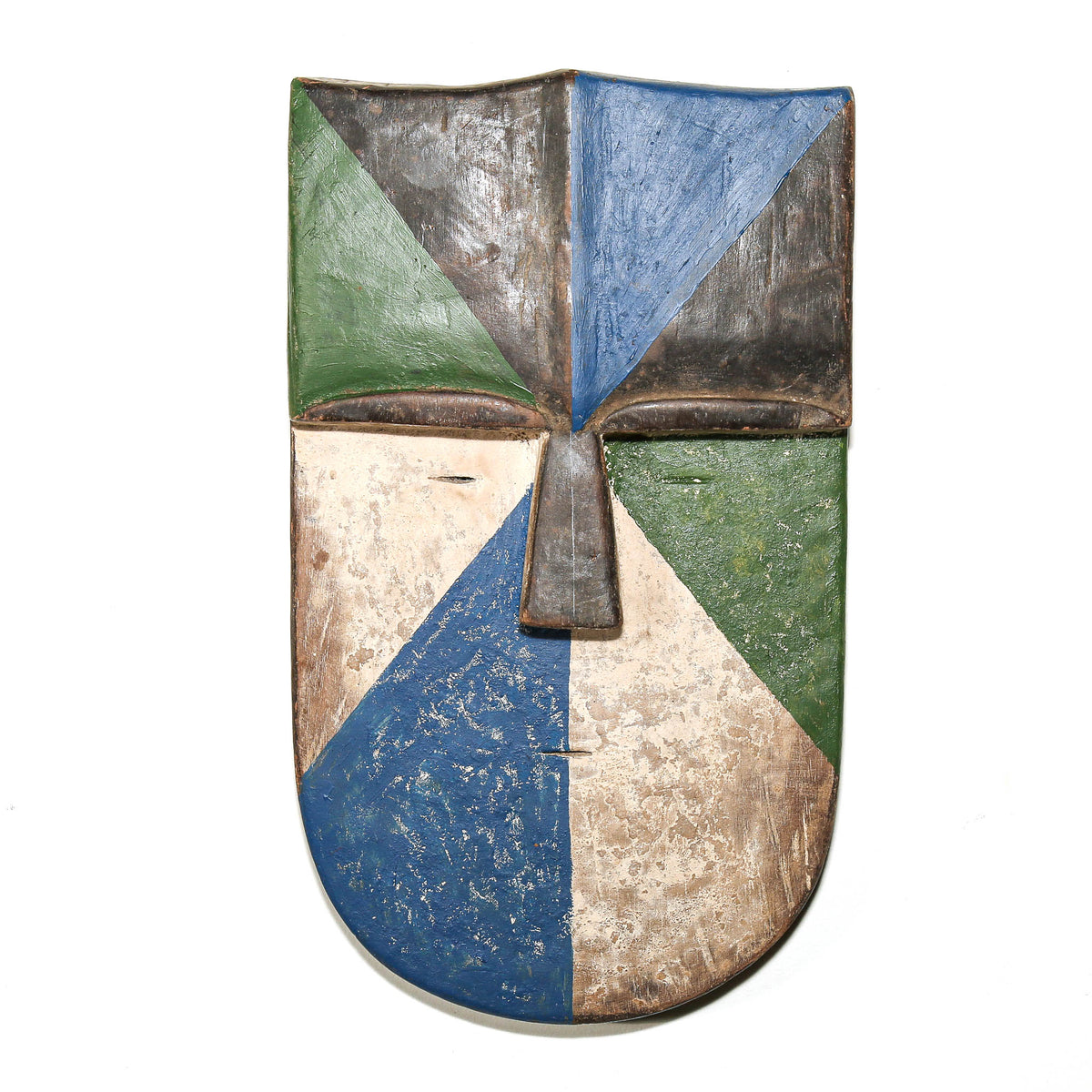 Black, green, blue and white Aduma mask from Gabon with bold geometric painted decoration